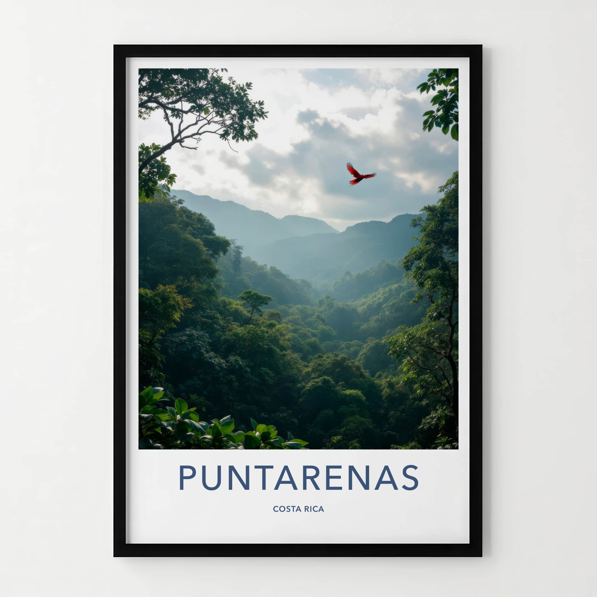 Puntarenas Poster - Costa Rica Travel Art - Flying Red Macaw Home Decor