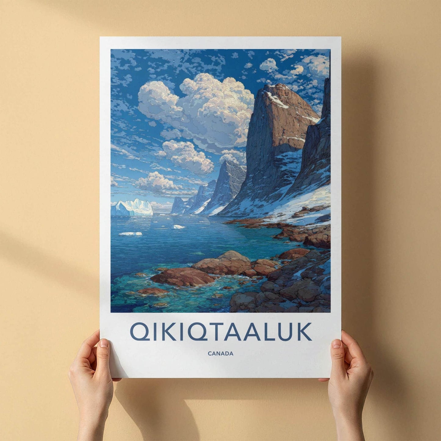 Qikiqtaaluk Poster - Canada Travel Art - Icy Bay Mountains Home Decor