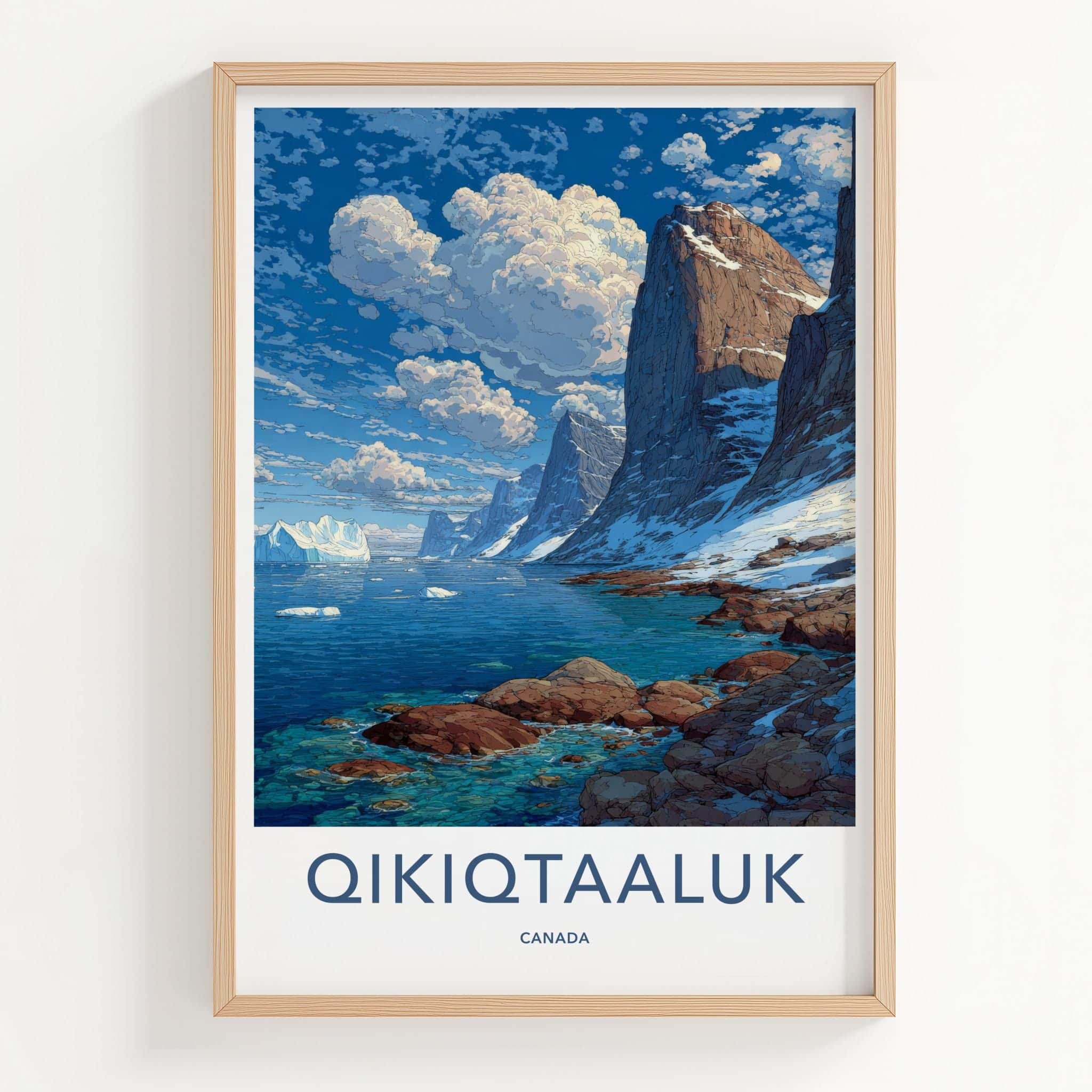 Qikiqtaaluk Poster - Canada Travel Art - Icy Bay Mountains Home Decor