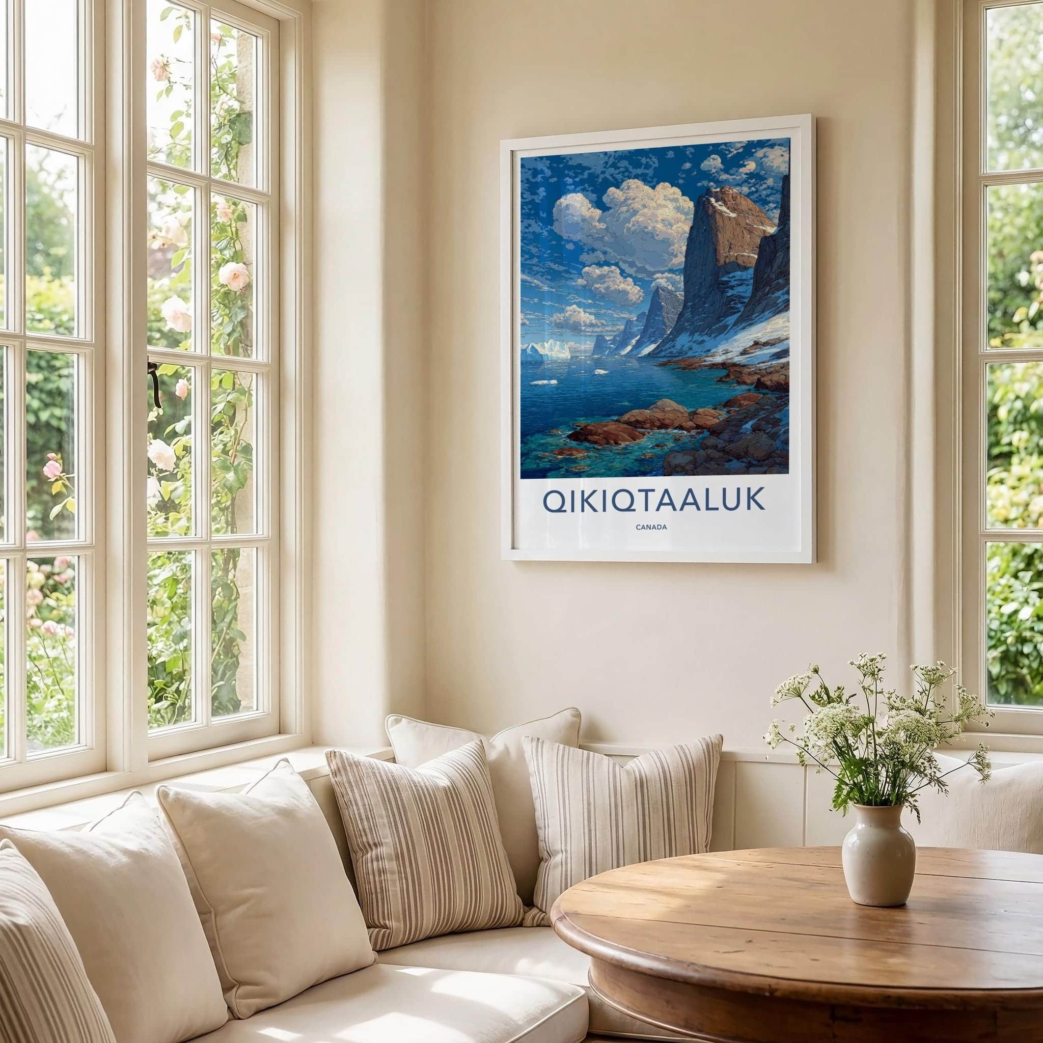 Qikiqtaaluk Poster - Canada Travel Art - Icy Bay Mountains Home Decor