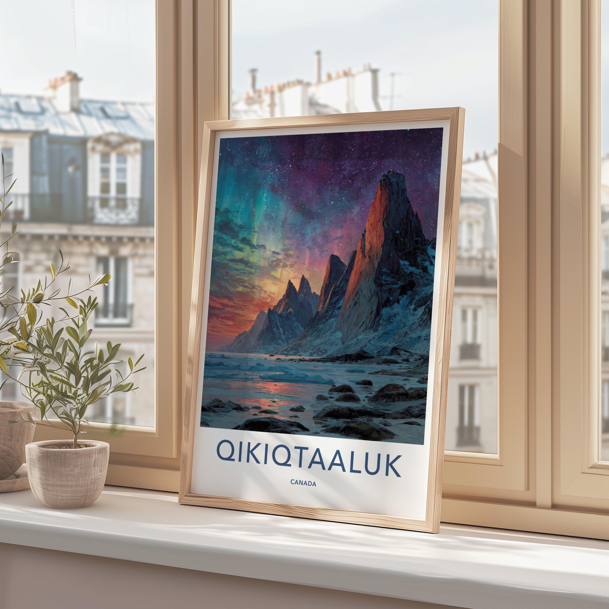 Qikiqtaaluk Poster - Canada Travel Art - Vibrant Aurora Peaks Home Decor