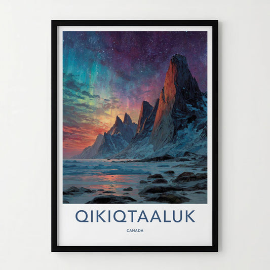 Qikiqtaaluk Poster - Canada Travel Art - Vibrant Aurora Peaks Home Decor