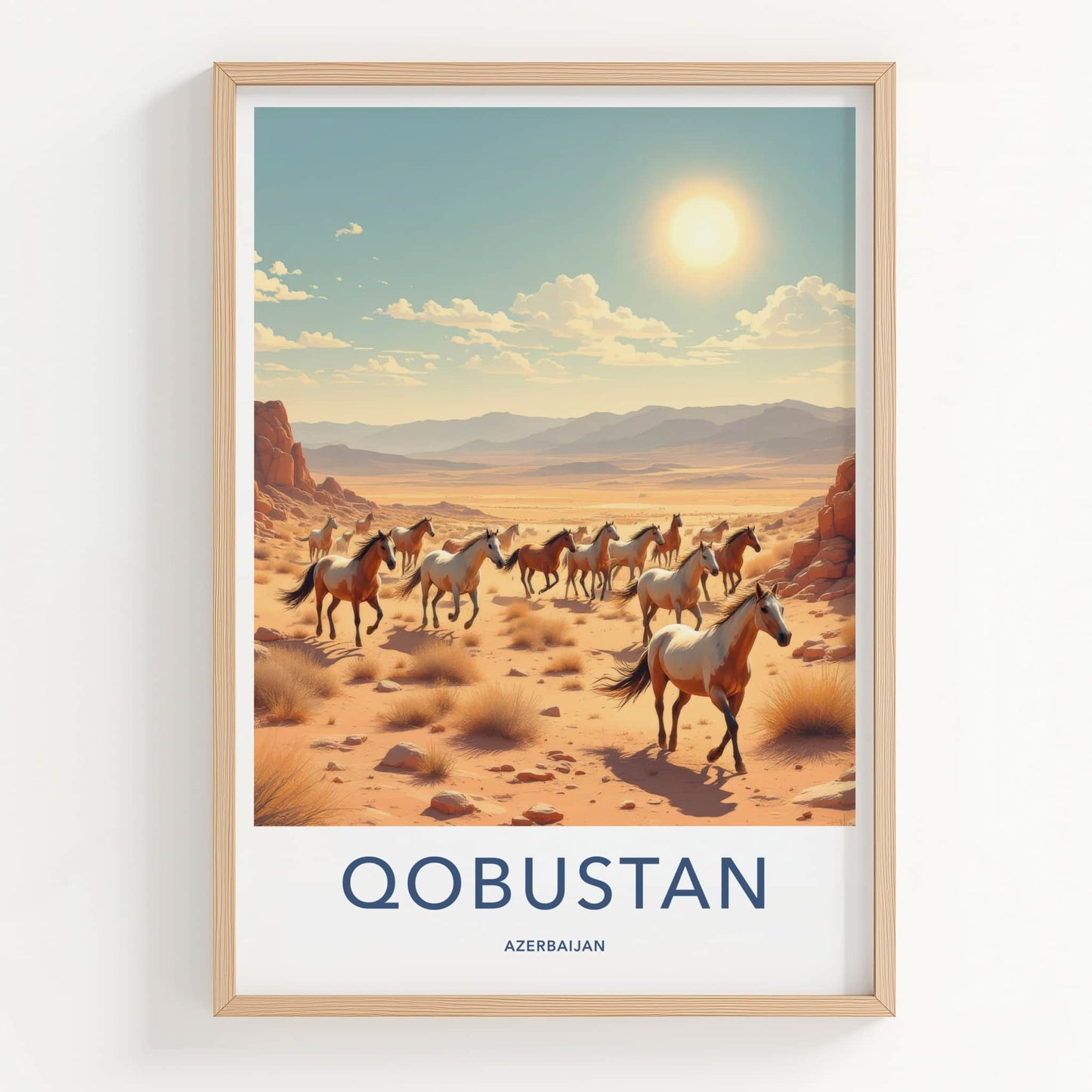 QOBUSTAN Poster - AZERBAIJAN Travel Art - Galloping Desert Horses Home Decor