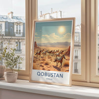QOBUSTAN Poster - AZERBAIJAN Travel Art - Galloping Desert Horses Home Decor