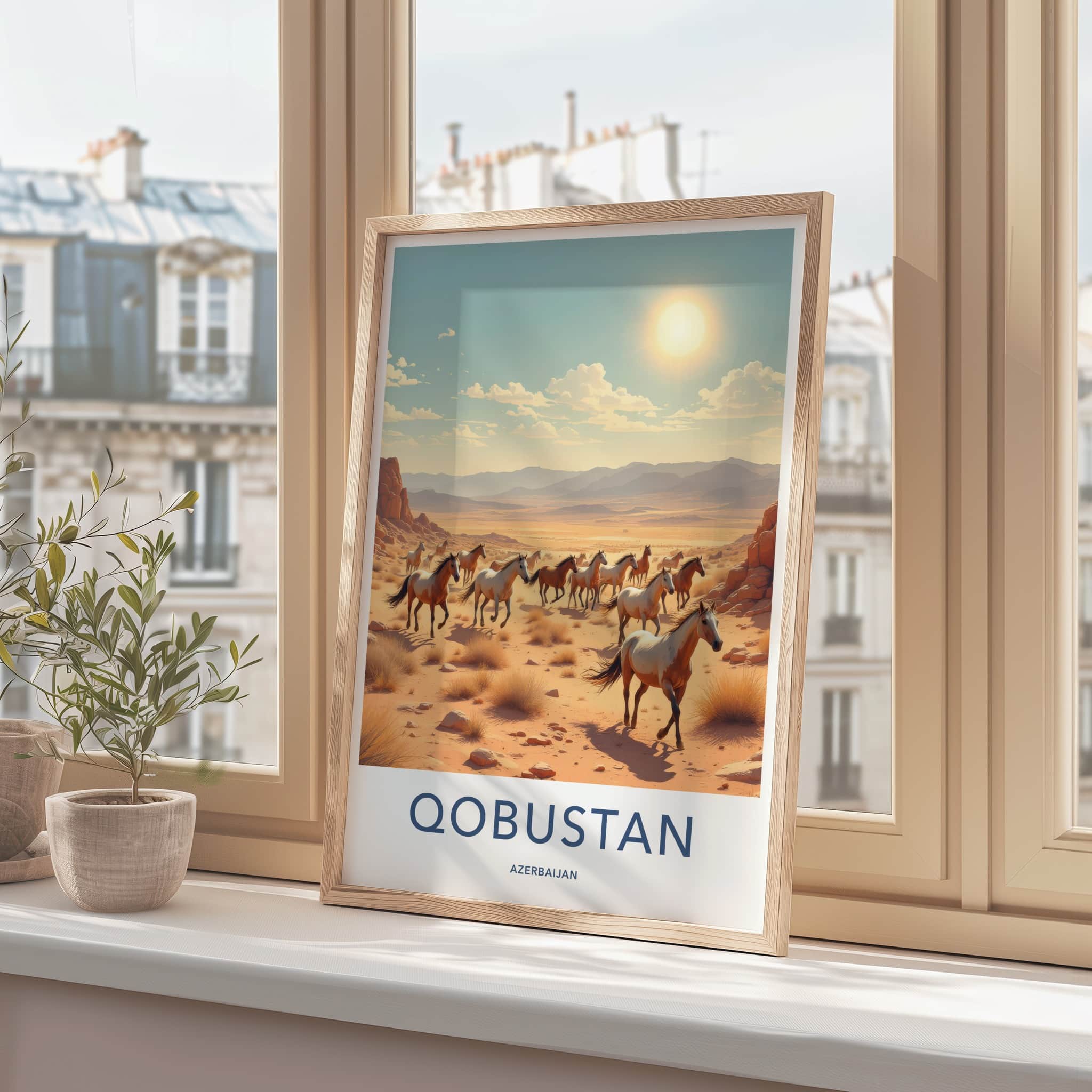 QOBUSTAN Poster - AZERBAIJAN Travel Art - Galloping Desert Horses Home Decor