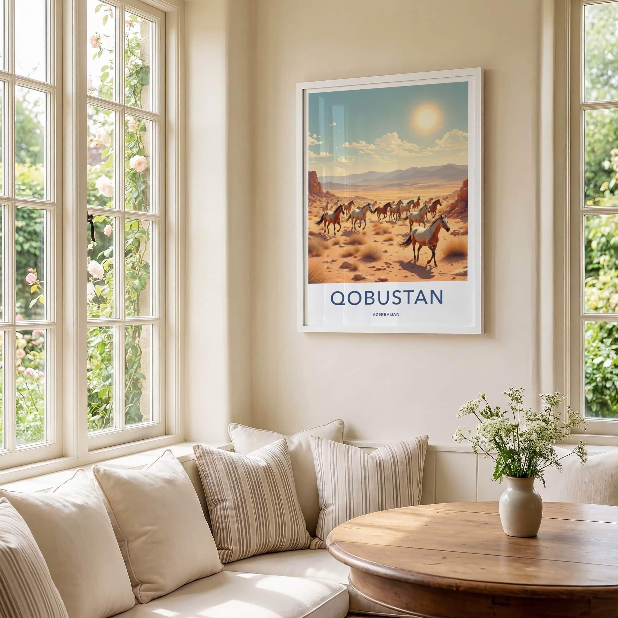 QOBUSTAN Poster - AZERBAIJAN Travel Art - Galloping Desert Horses Home Decor
