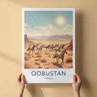 QOBUSTAN Poster - AZERBAIJAN Travel Art - Galloping Desert Horses Home Decor