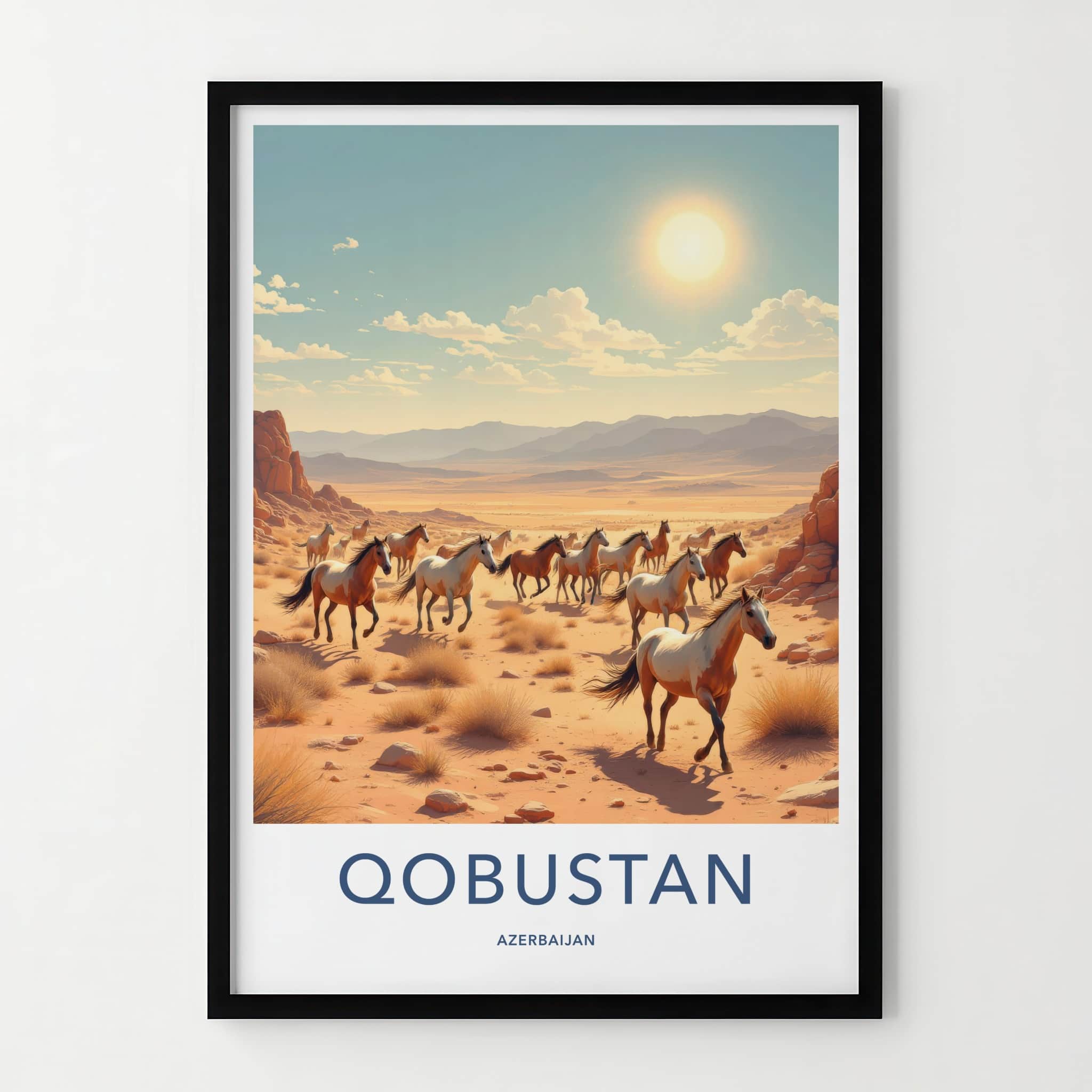 QOBUSTAN Poster - AZERBAIJAN Travel Art - Galloping Desert Horses Home Decor