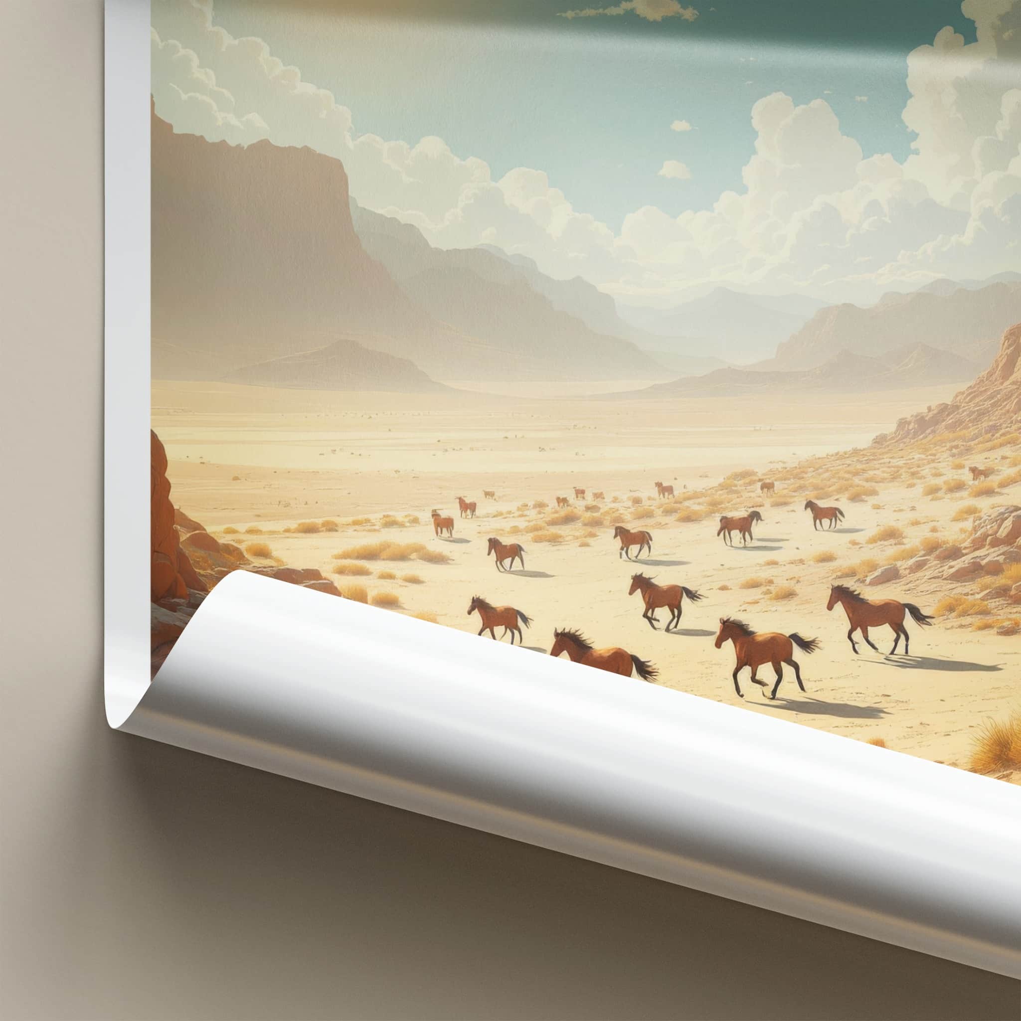 Qobustan Poster - Azerbaijan Travel Art - Sunlit Desert Horses Wall Decor