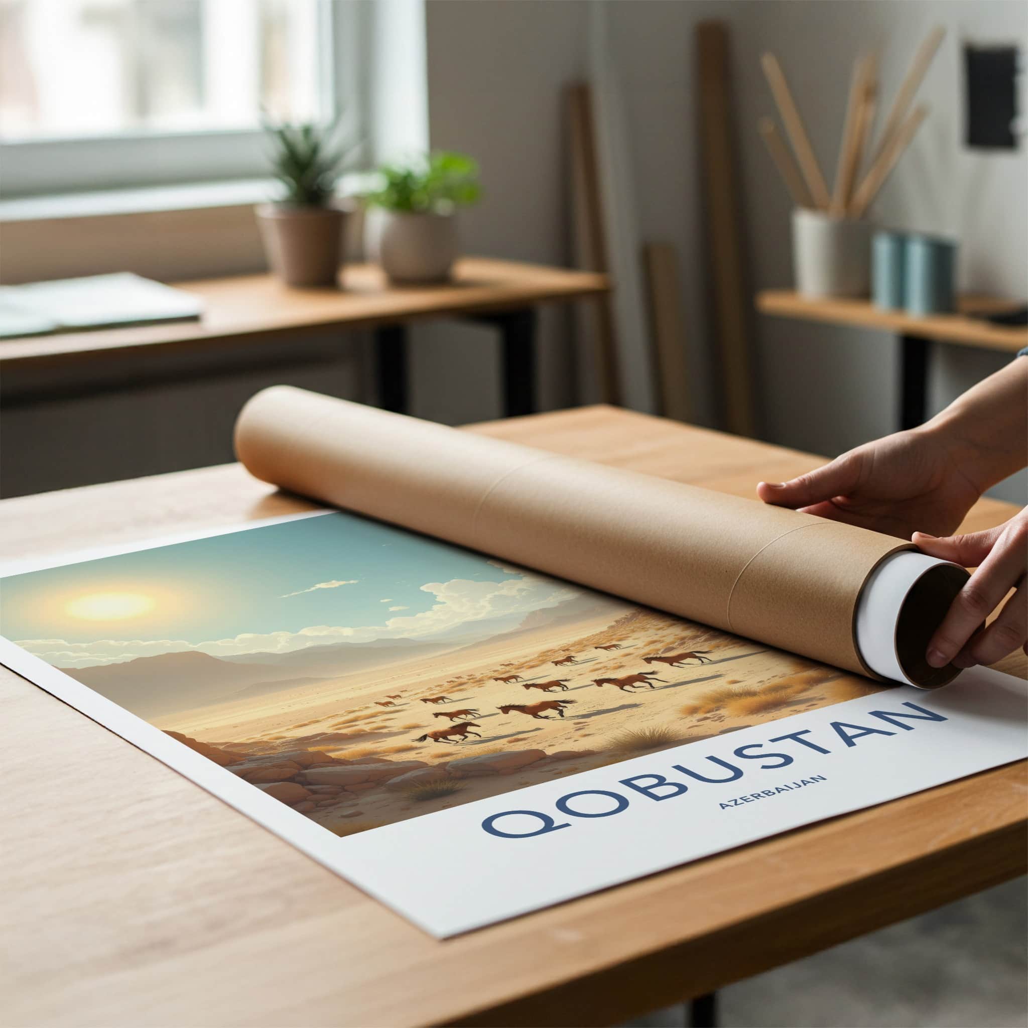 Qobustan Poster - Azerbaijan Travel Art - Sunlit Desert Horses Wall Decor