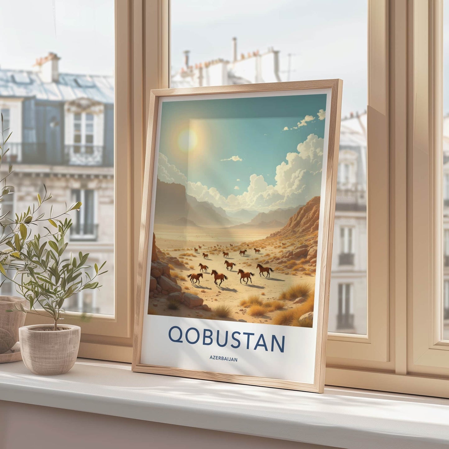 Qobustan Poster - Azerbaijan Travel Art - Sunlit Desert Horses Wall Decor