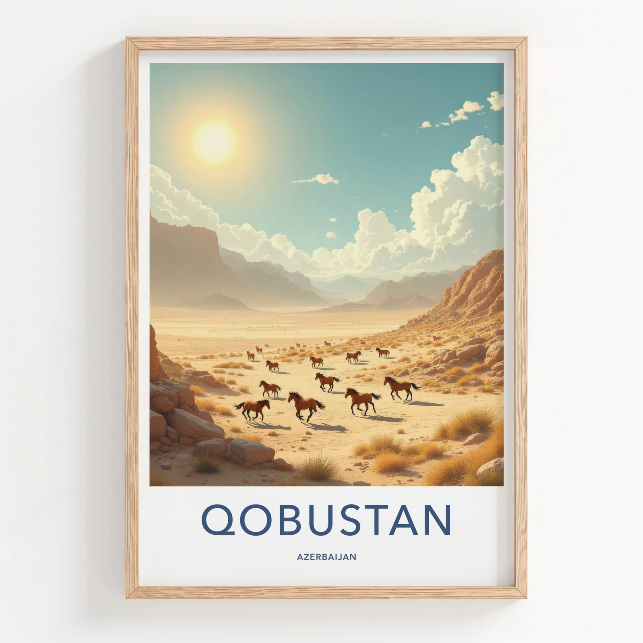 Qobustan Poster - Azerbaijan Travel Art - Sunlit Desert Horses Wall Decor