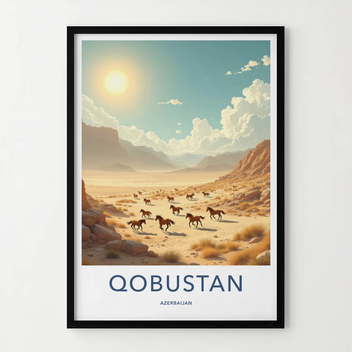 Qobustan Poster - Azerbaijan Travel Art - Sunlit Desert Horses Wall Decor
