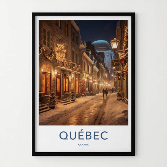 Quebec Poster - Canada Travel Art - Illuminated Winter Street Home Decor