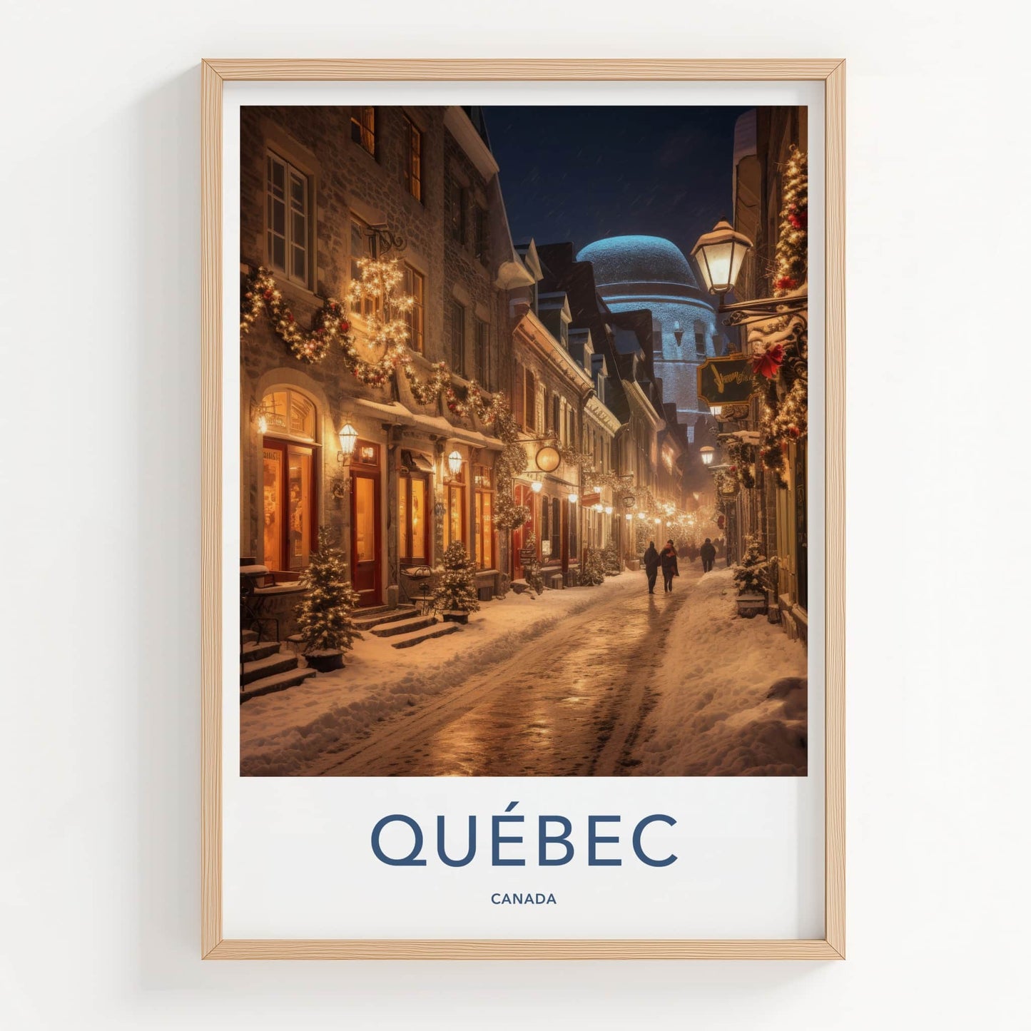 Quebec Poster - Canada Travel Art - Illuminated Winter Street Home Decor