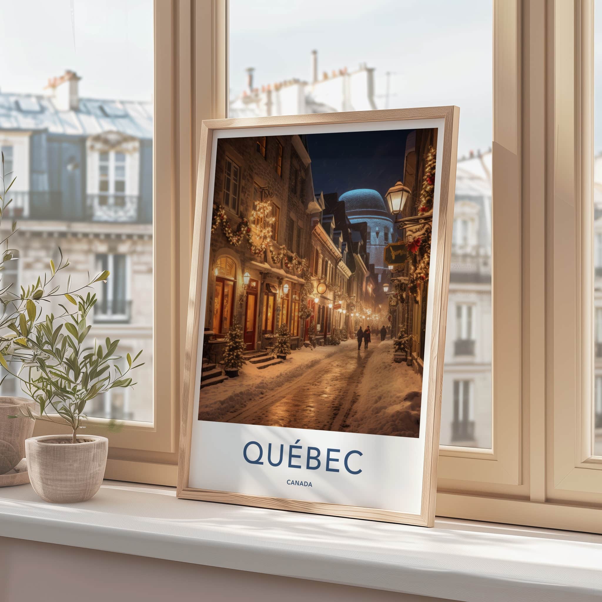 Quebec Poster - Canada Travel Art - Illuminated Winter Street Home Decor