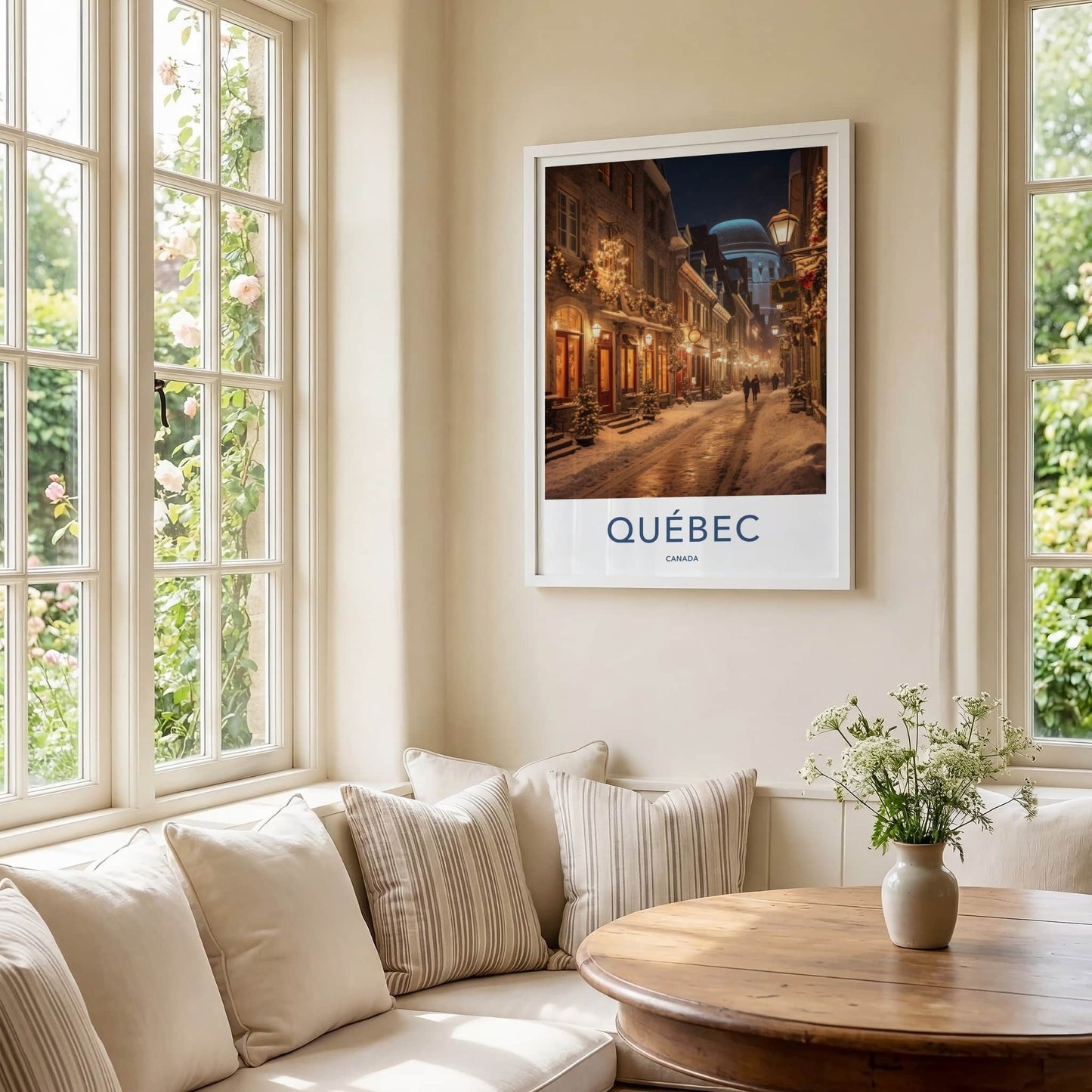 Quebec Poster - Canada Travel Art - Illuminated Winter Street Home Decor