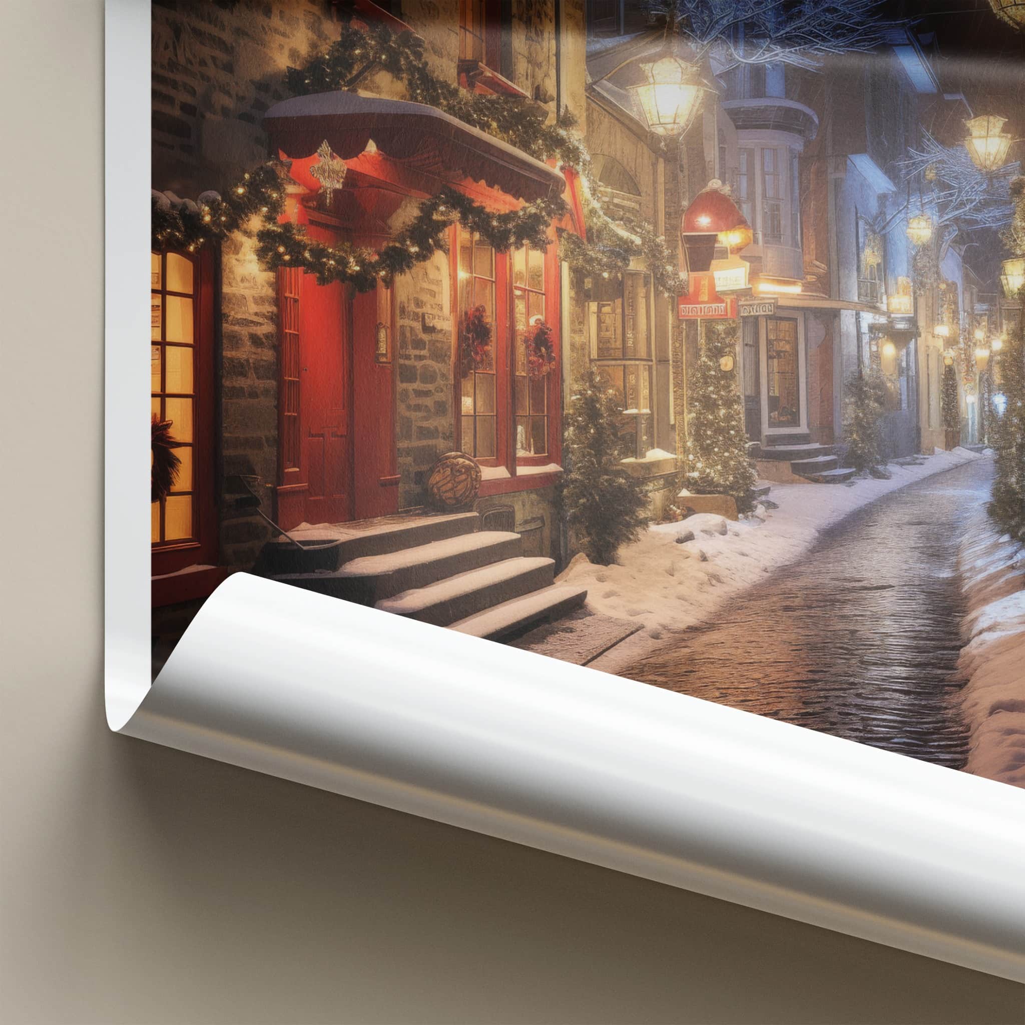 Quebec Poster - Canada Travel Art - Lit Snowy Street Home Decor