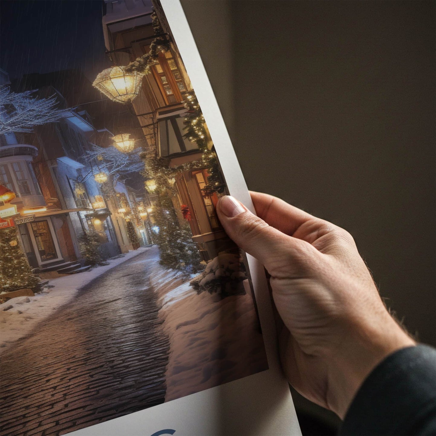 Quebec Poster - Canada Travel Art - Lit Snowy Street Home Decor