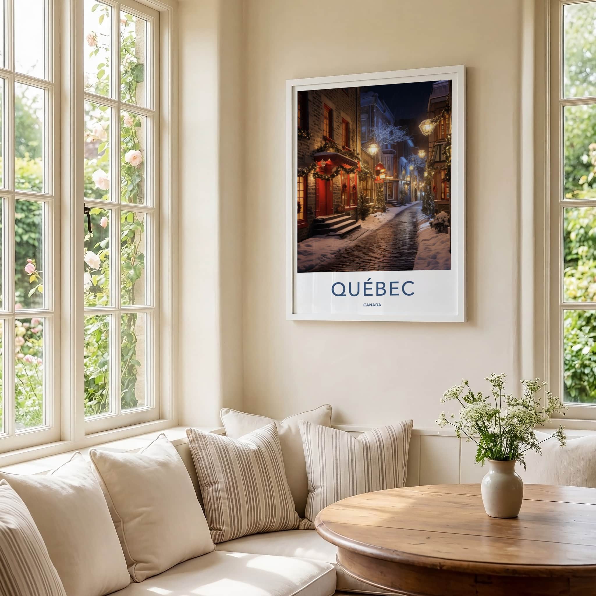 Quebec Poster - Canada Travel Art - Lit Snowy Street Home Decor