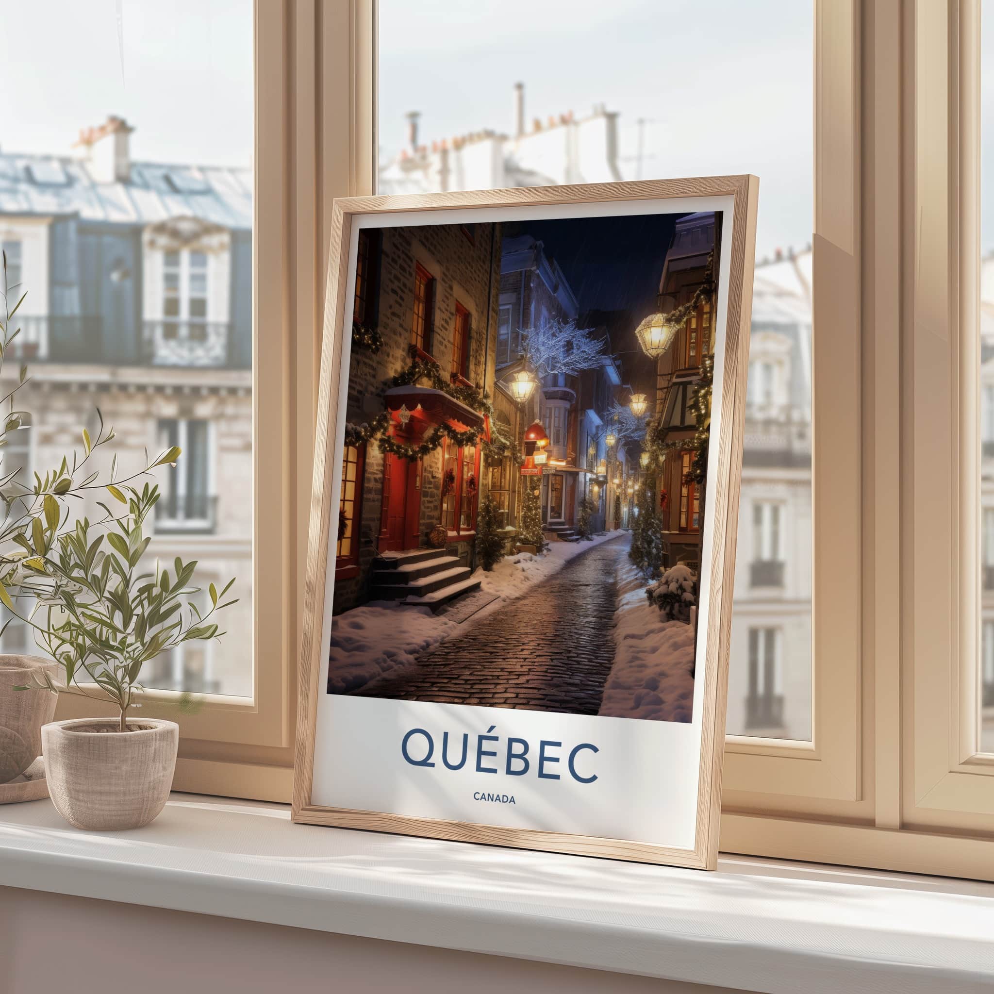 Quebec Poster - Canada Travel Art - Lit Snowy Street Home Decor