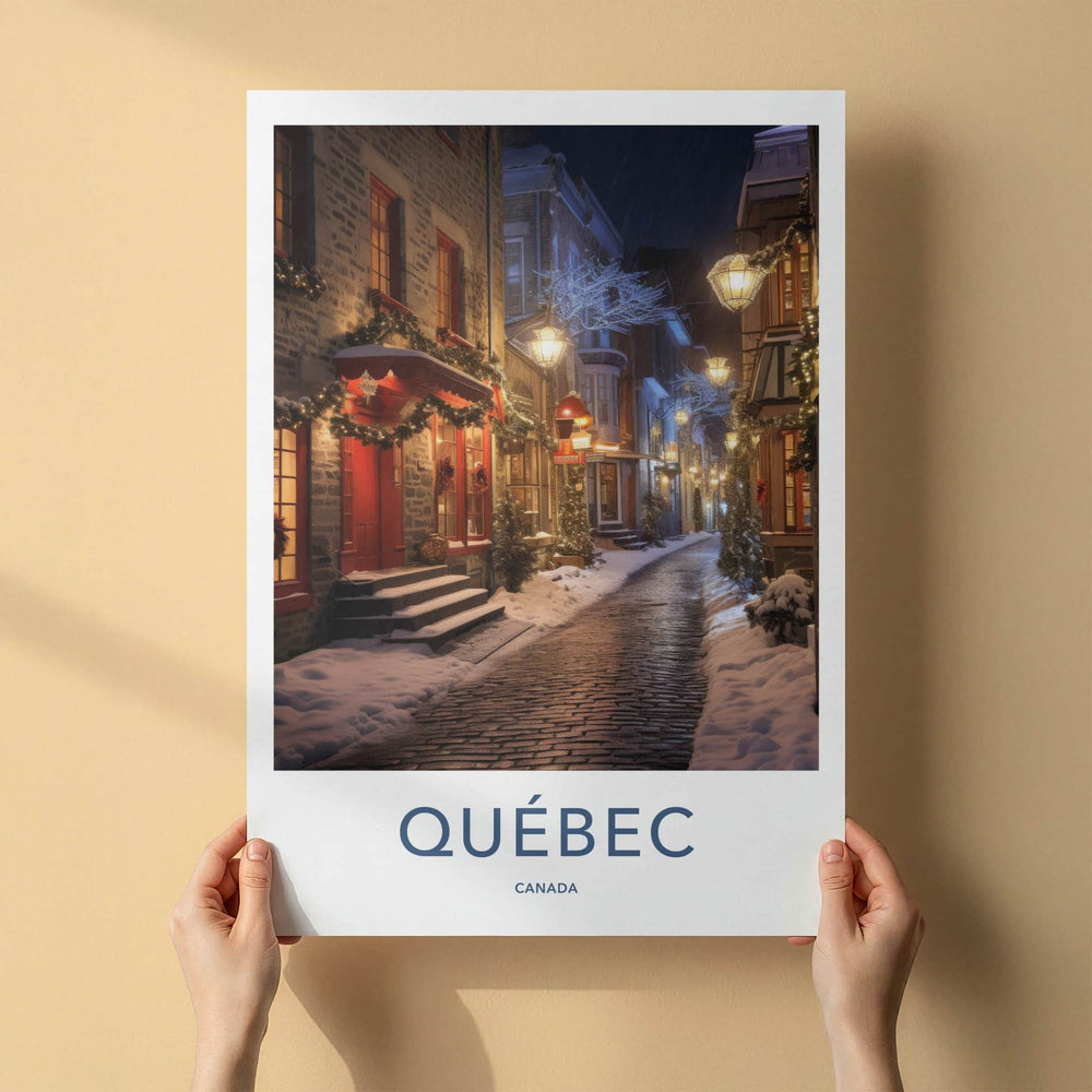 Quebec Poster - Canada Travel Art - Lit Snowy Street Home Decor