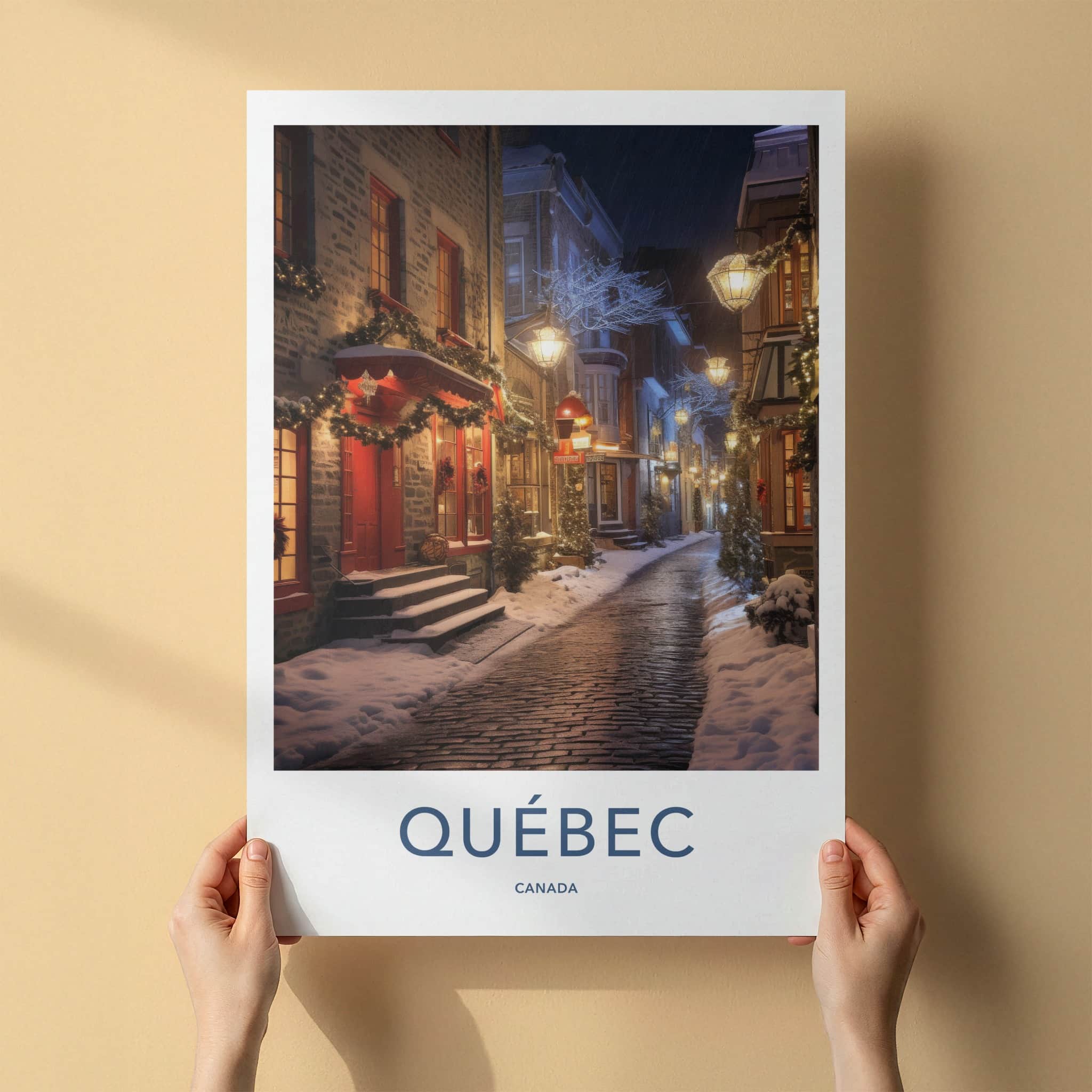 Quebec Poster - Canada Travel Art - Lit Snowy Street Home Decor