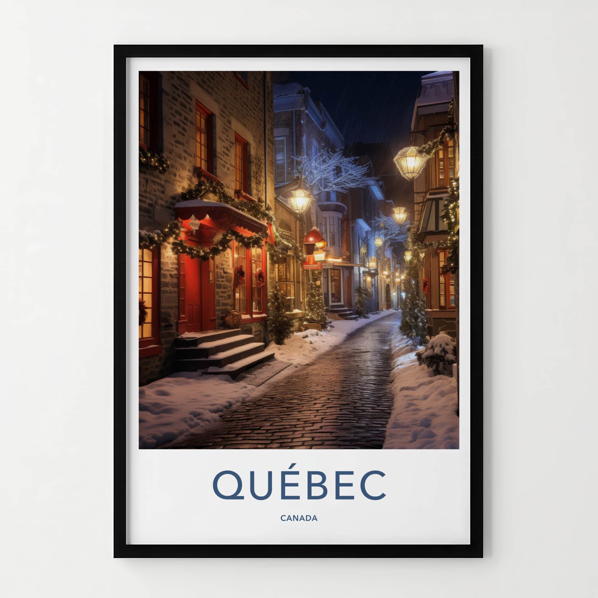 Quebec Poster - Canada Travel Art - Lit Snowy Street Home Decor