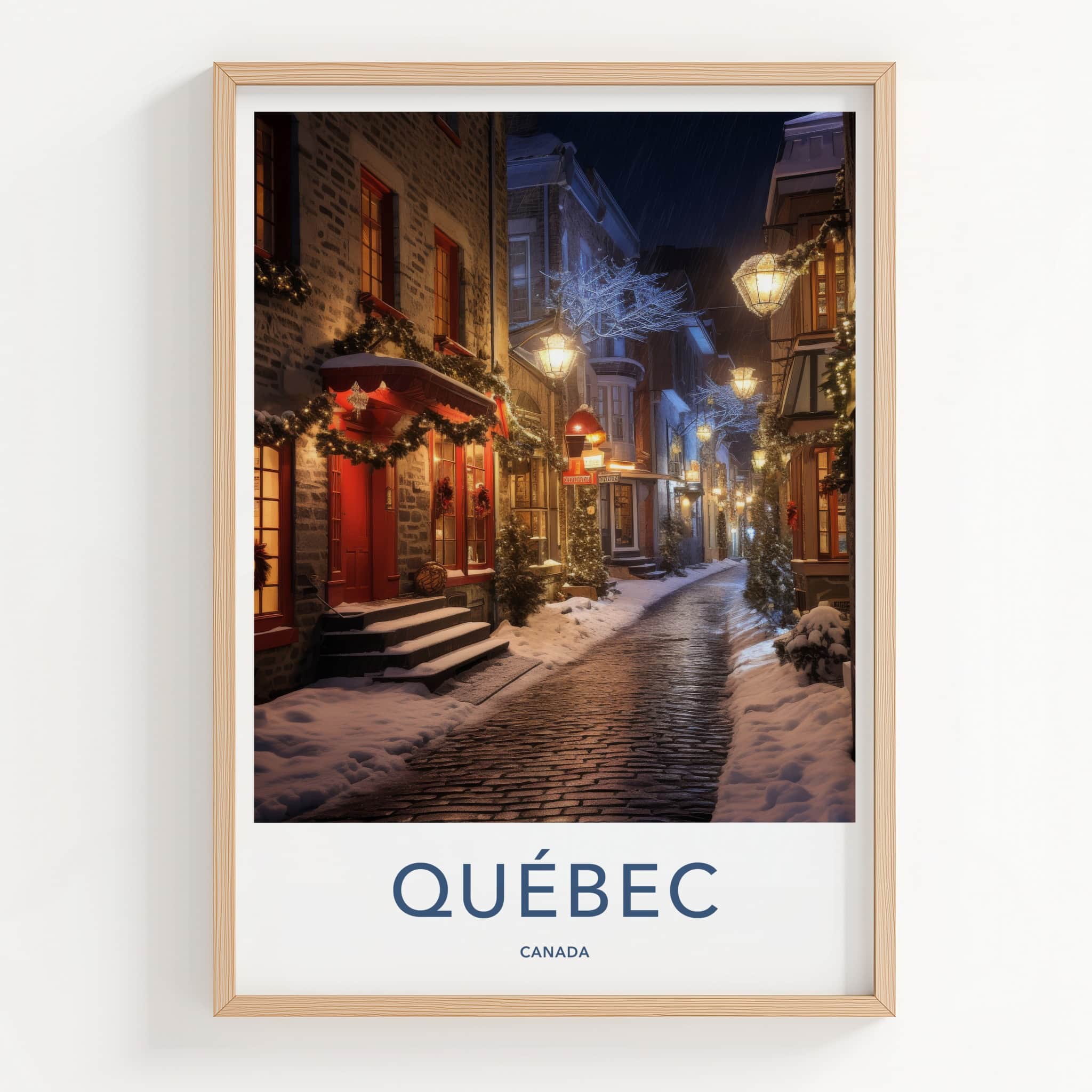 Quebec Poster - Canada Travel Art - Lit Snowy Street Home Decor