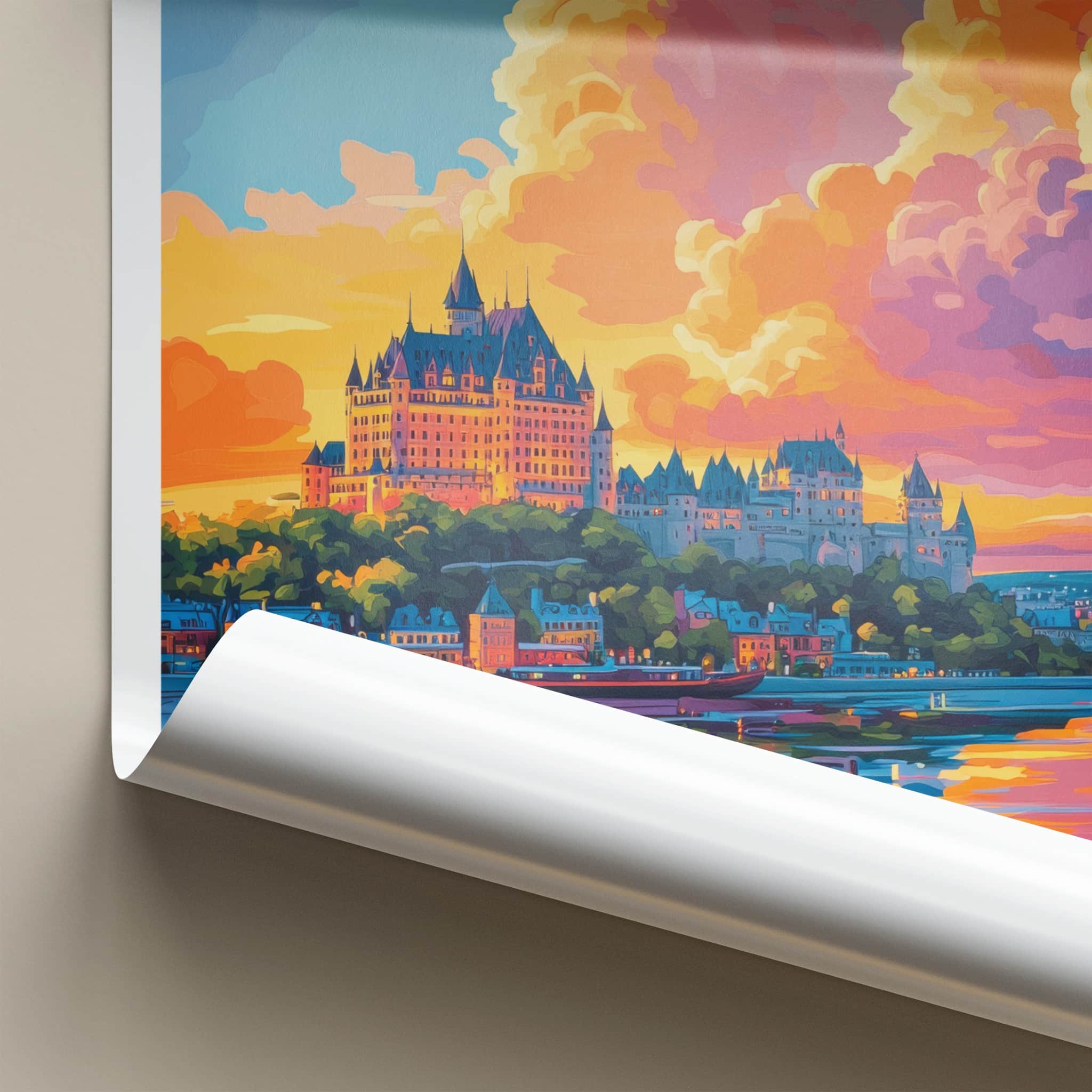 Quebec Poster - Canada Travel Art - Vibrant Sunset Reflections Wall Decor