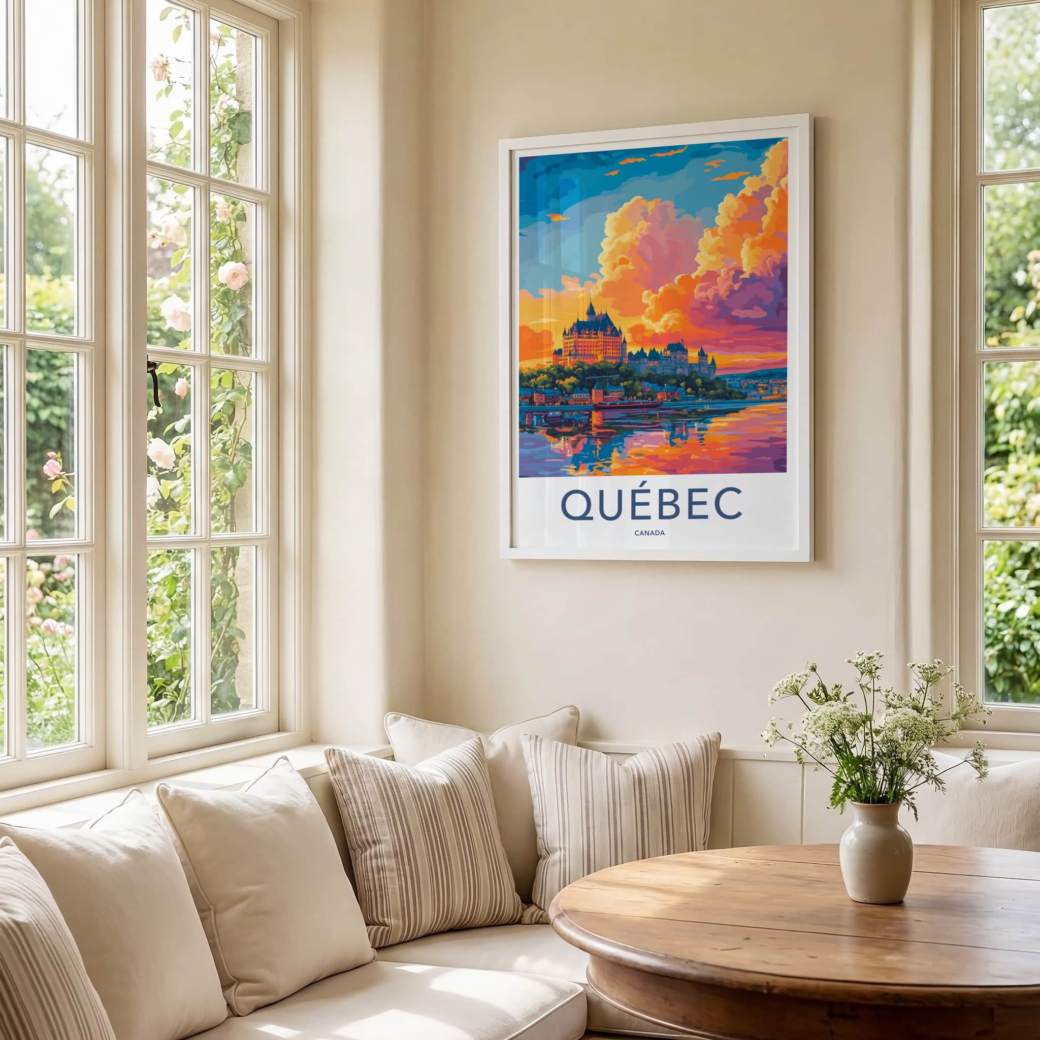 Quebec Poster - Canada Travel Art - Vibrant Sunset Reflections Wall Decor