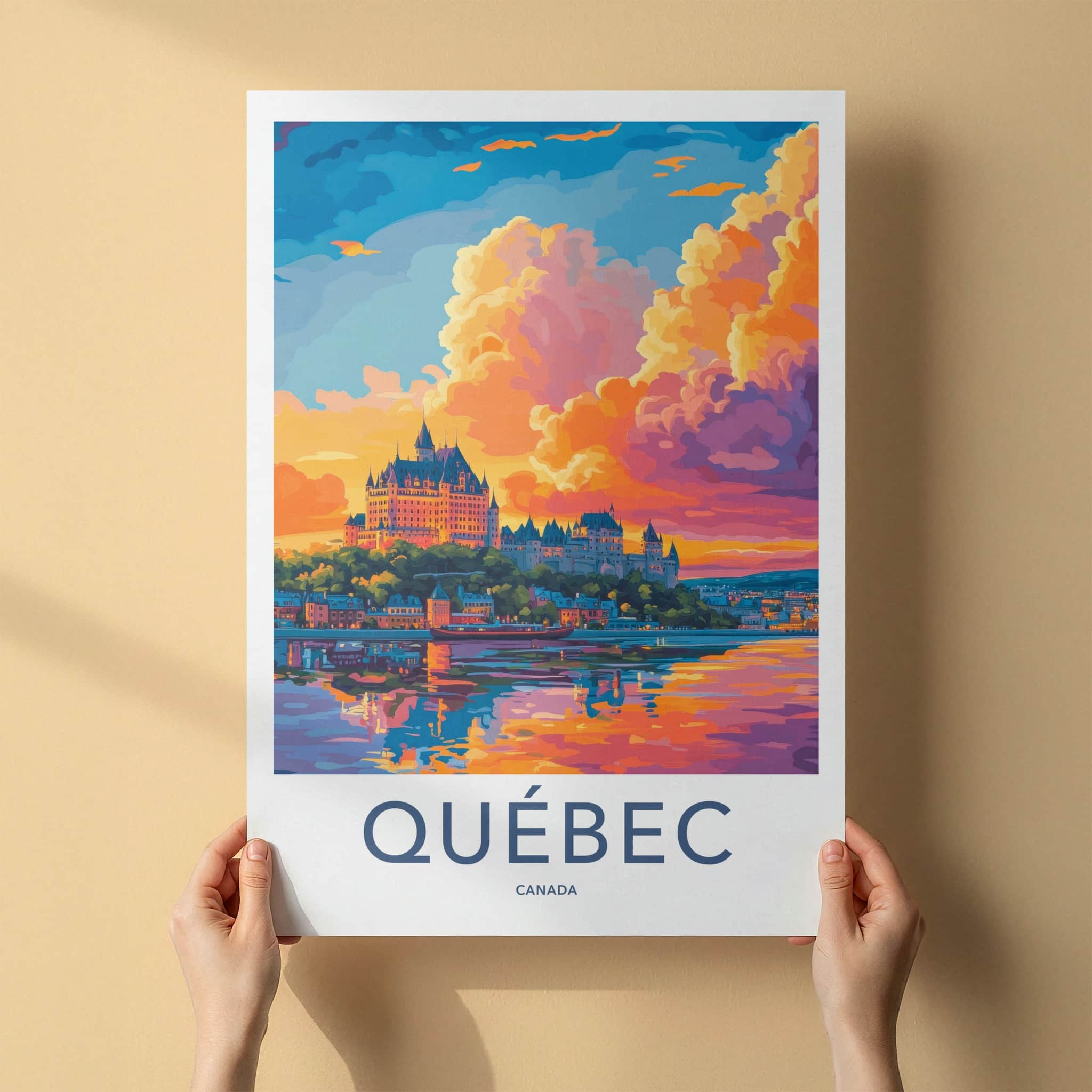 Quebec Poster - Canada Travel Art - Vibrant Sunset Reflections Wall Decor