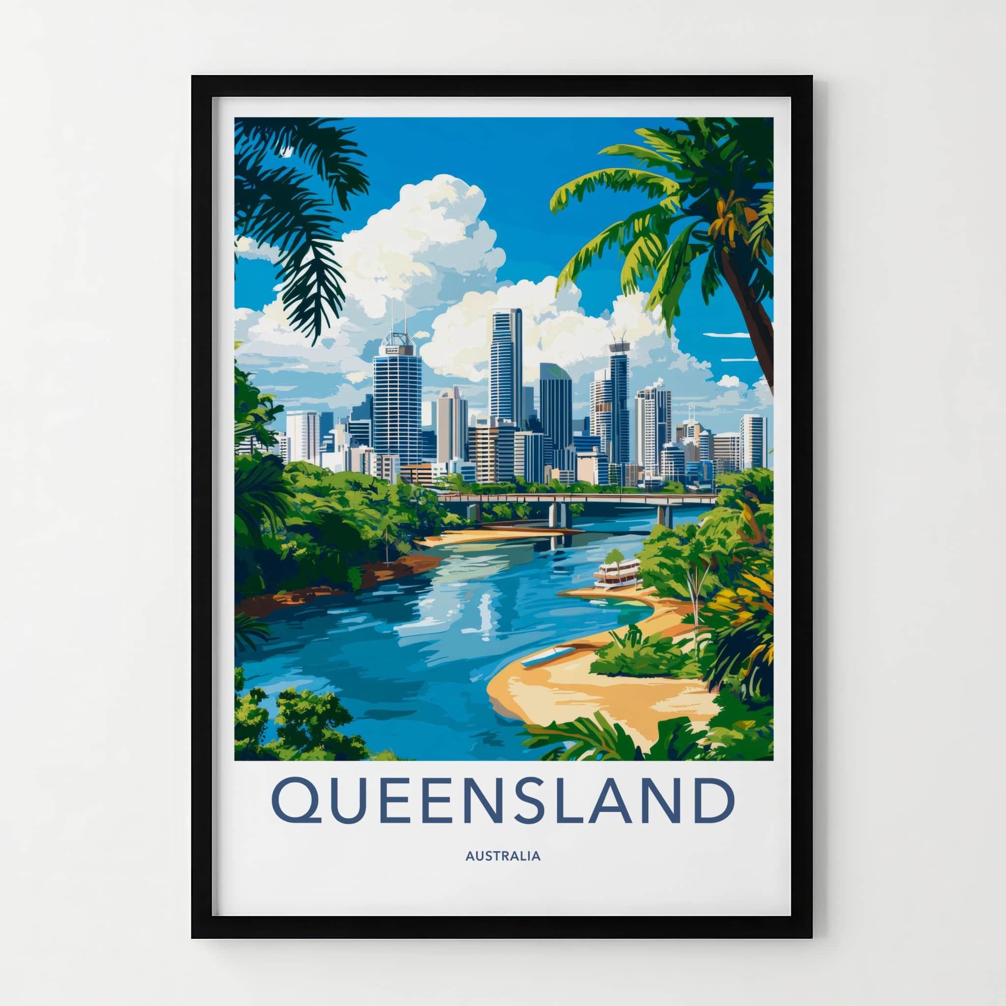 Queensland Poster - Australia Travel Art - City River Palms Home Decor