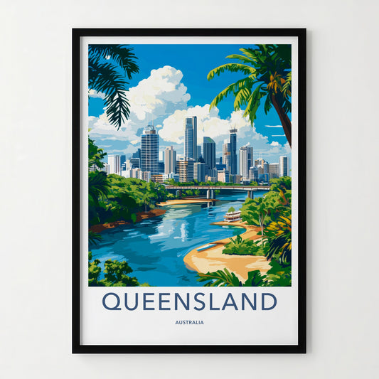 Queensland Poster - Australia Travel Art - City River Palms Home Decor