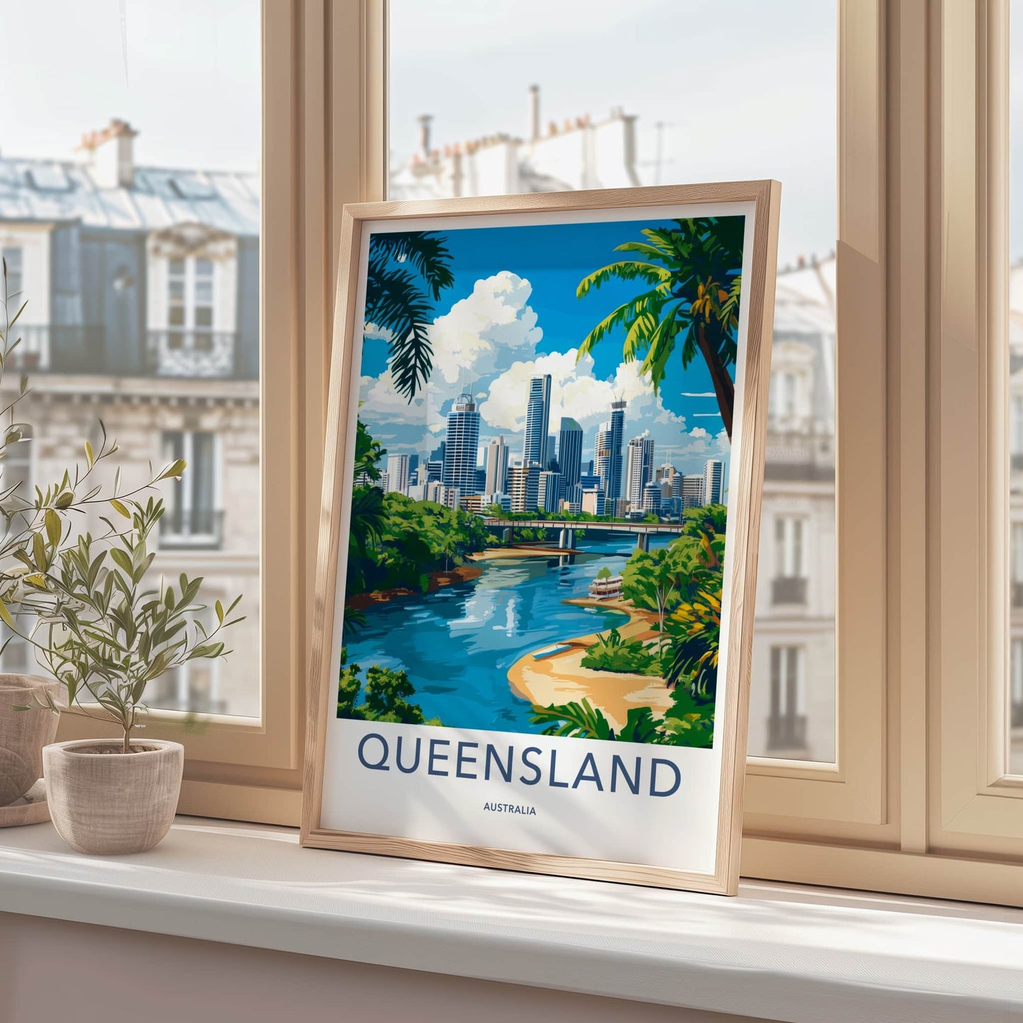 Queensland Poster - Australia Travel Art - City River Palms Home Decor