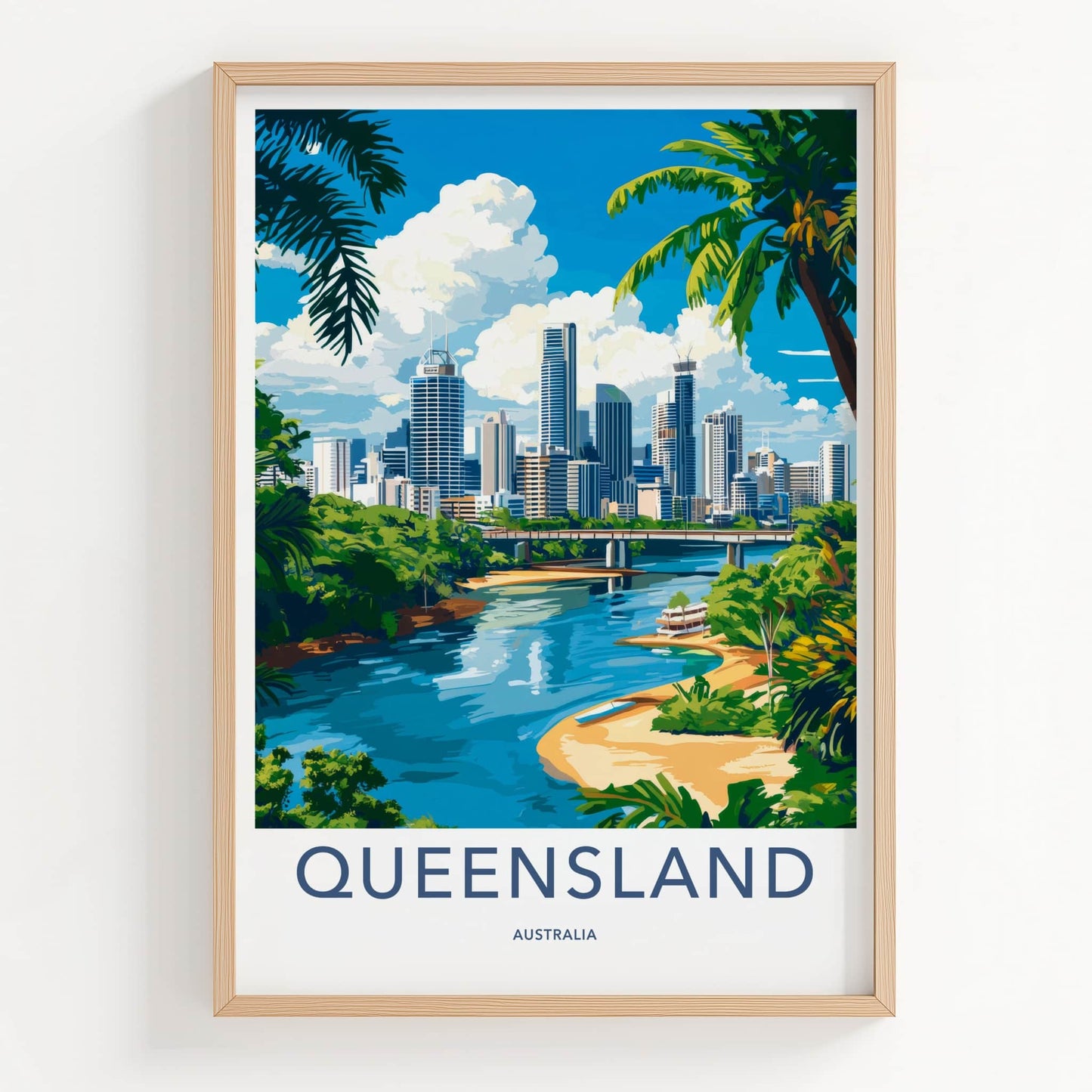 Queensland Poster - Australia Travel Art - City River Palms Home Decor