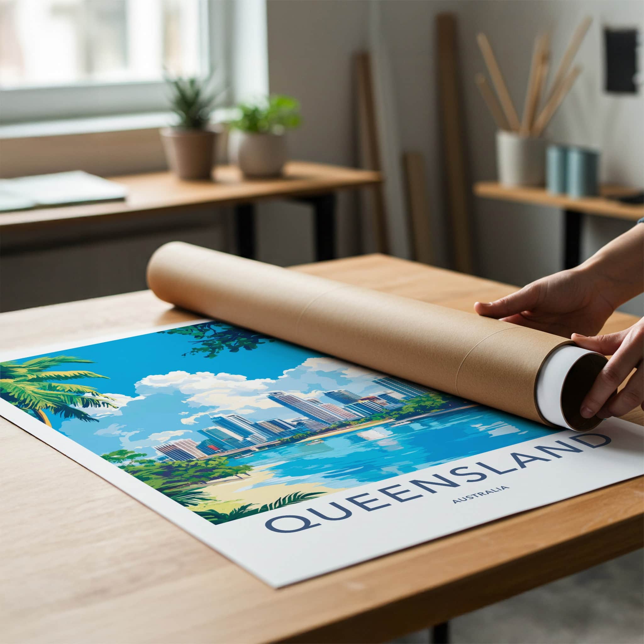 Queensland Poster - Australia Travel Art - Tropical City Skyline Home Decor