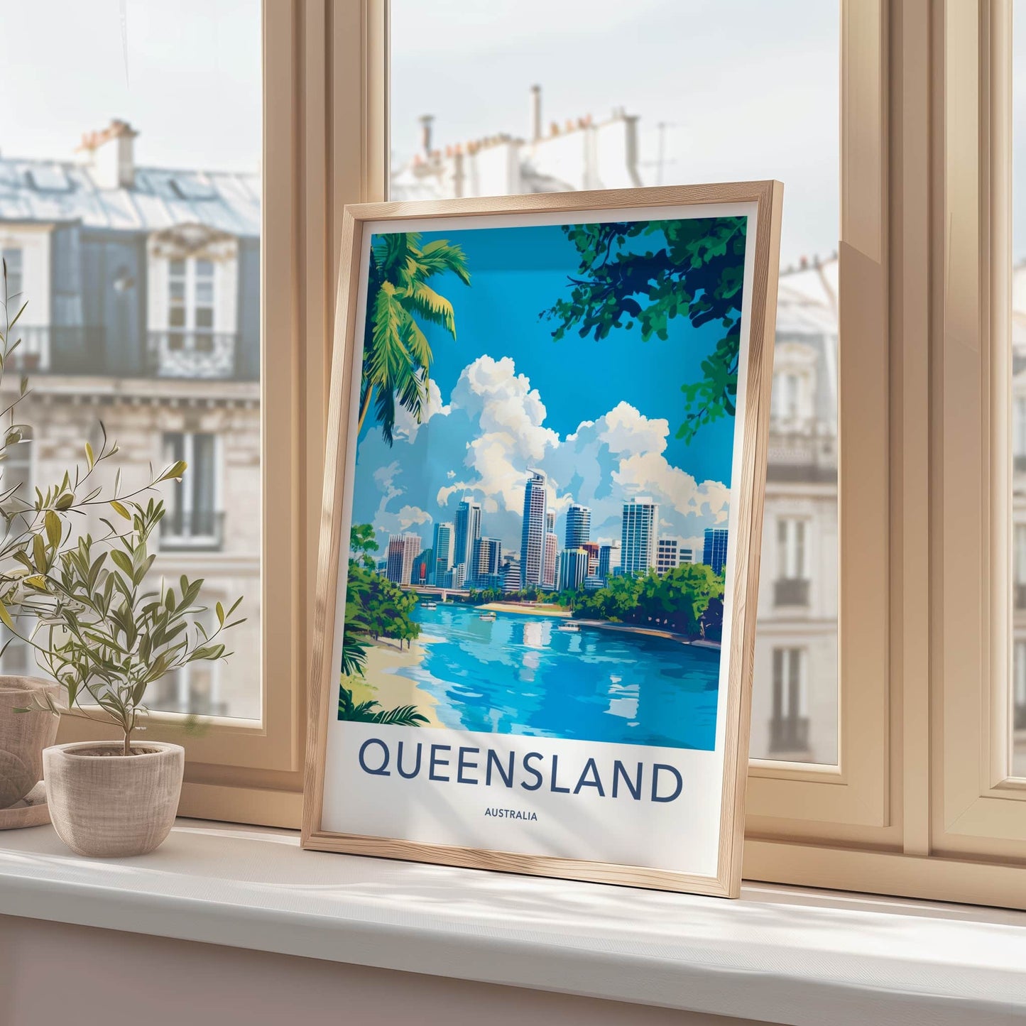 Queensland Poster - Australia Travel Art - Tropical City Skyline Home Decor