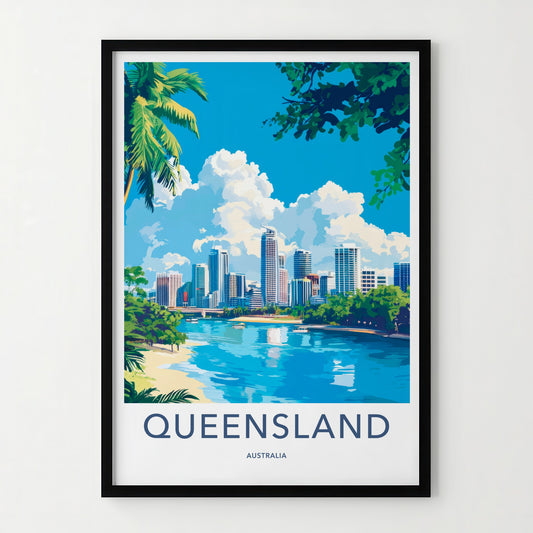 Queensland Poster - Australia Travel Art - Tropical City Skyline Home Decor