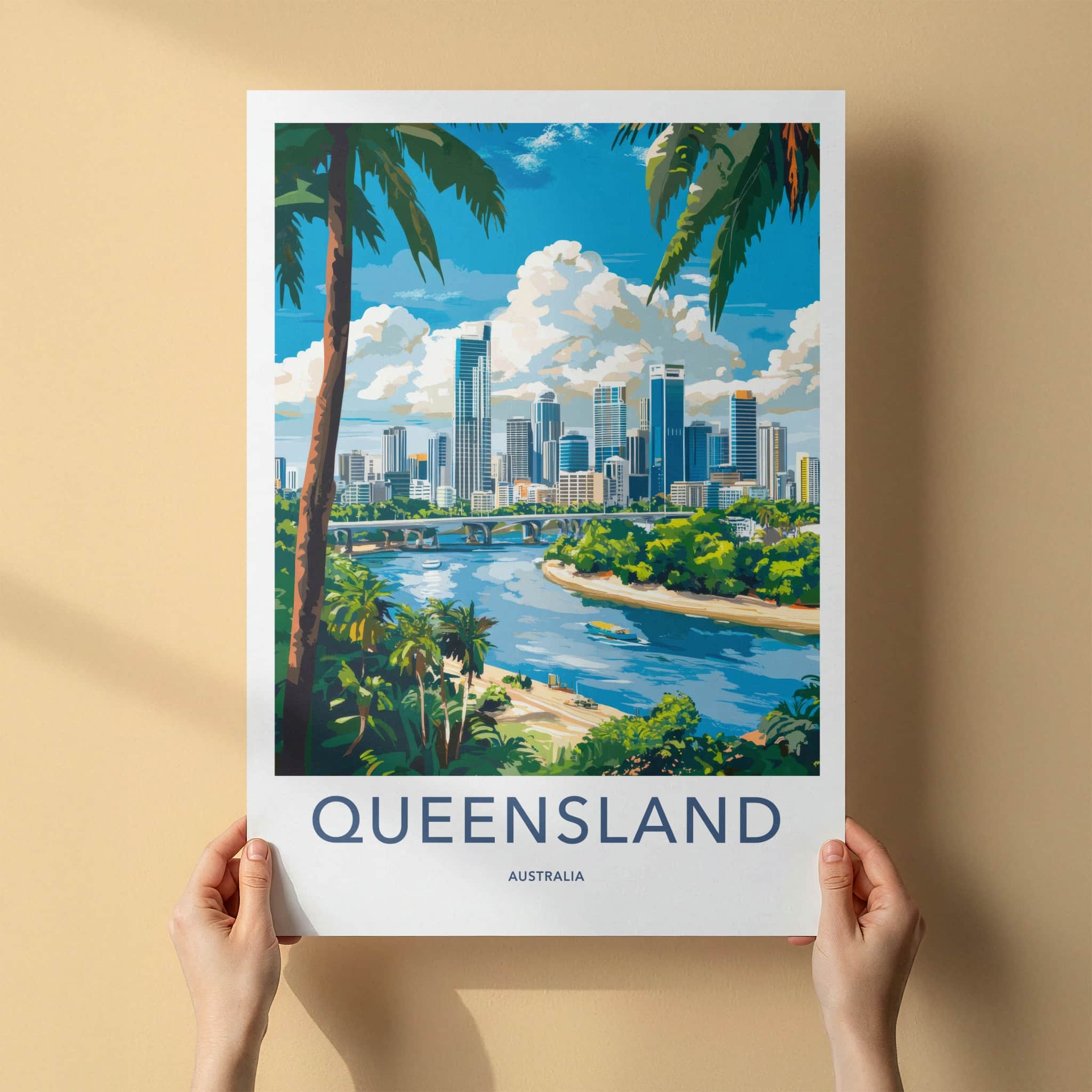 Queensland Poster - Australia Travel Art - Urban River Palm Wall Decor