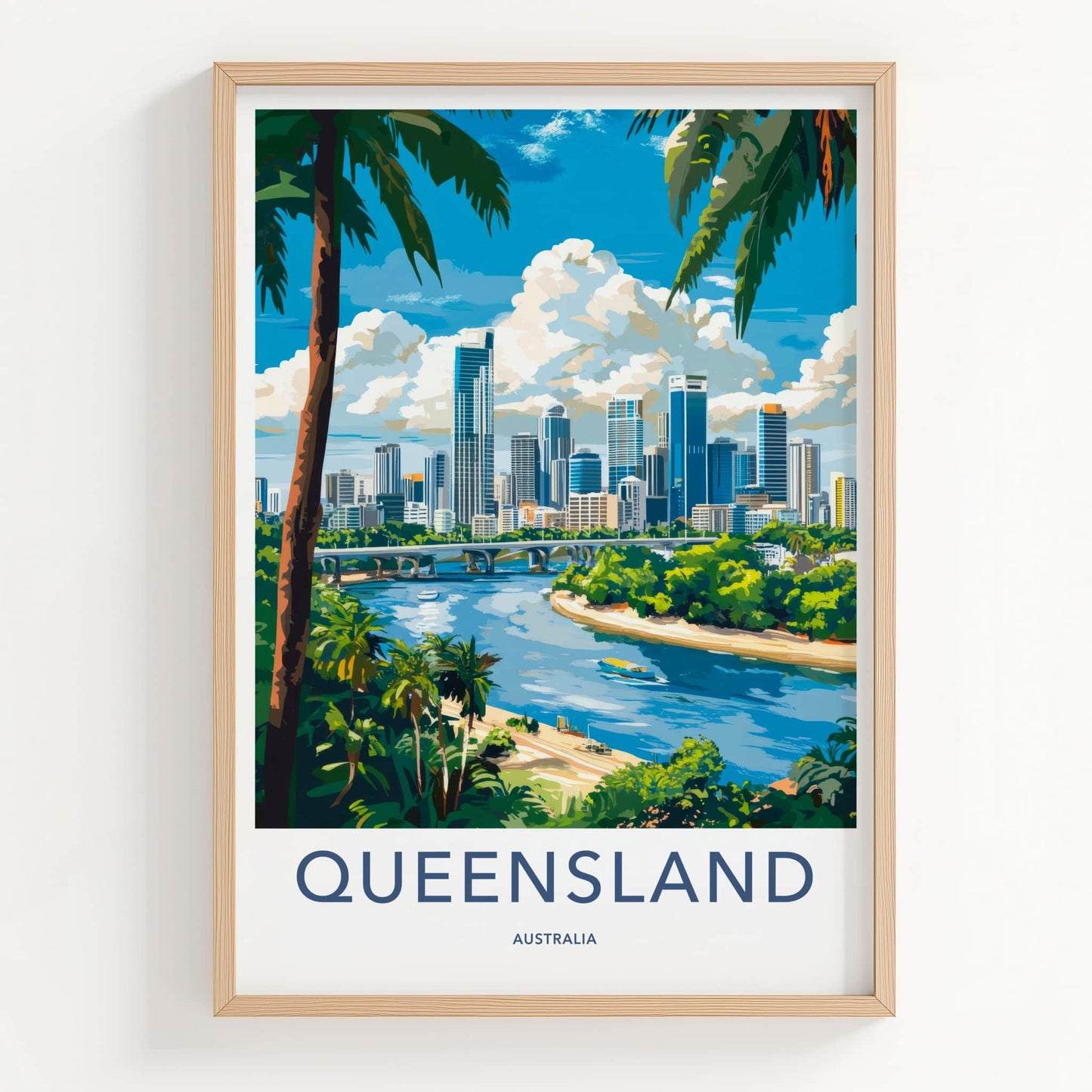 Queensland Poster - Australia Travel Art - Urban River Palm Wall Decor