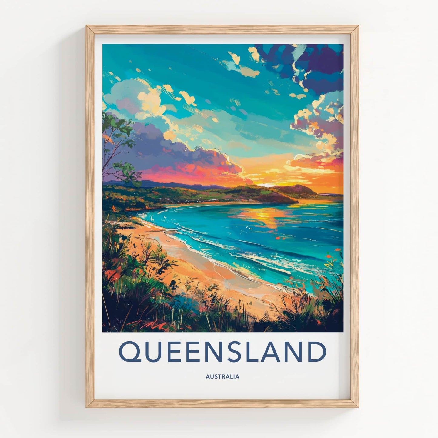 Queensland Poster - Australia Travel Art - Vibrant Beach Sunset Home Decor