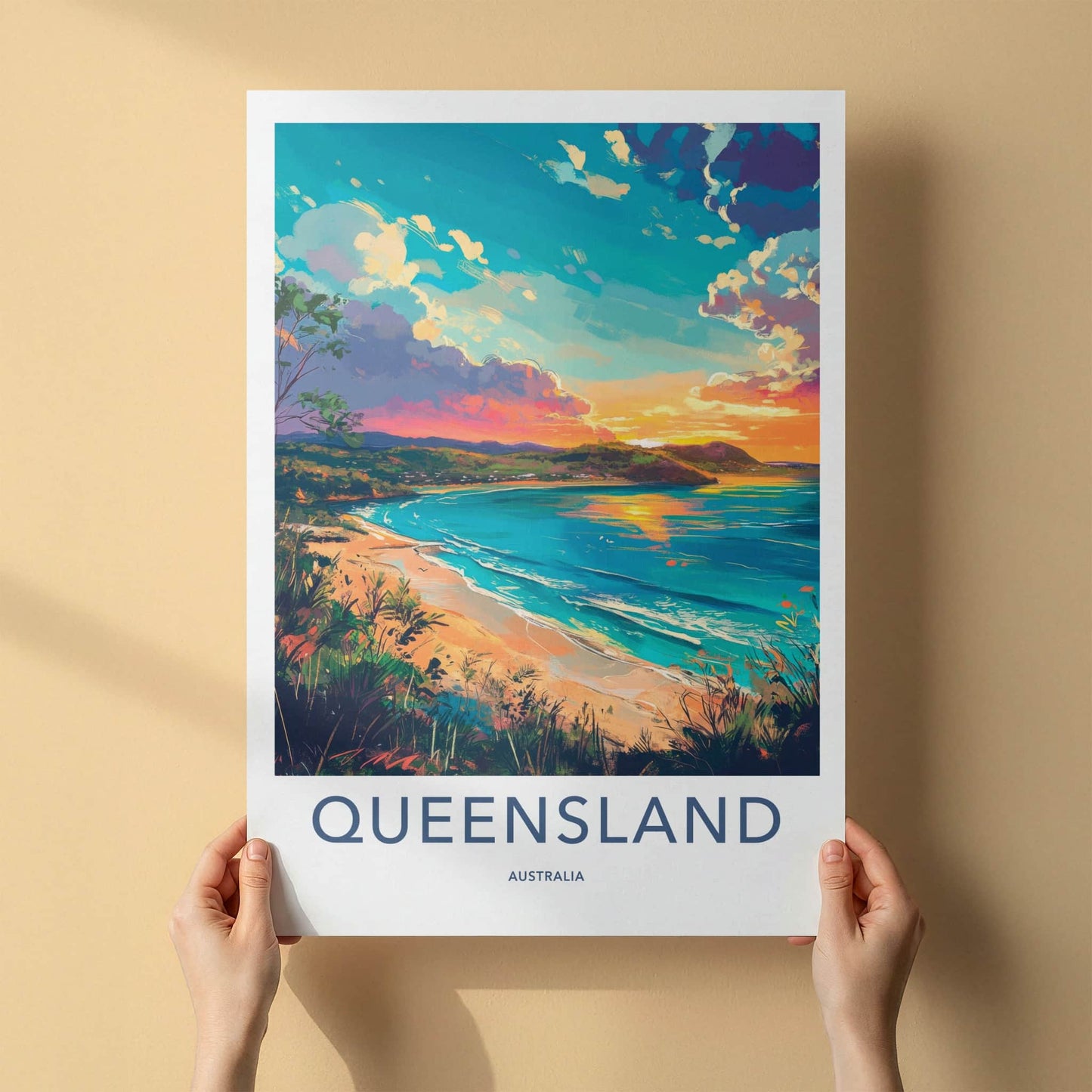 Queensland Poster - Australia Travel Art - Vibrant Beach Sunset Home Decor