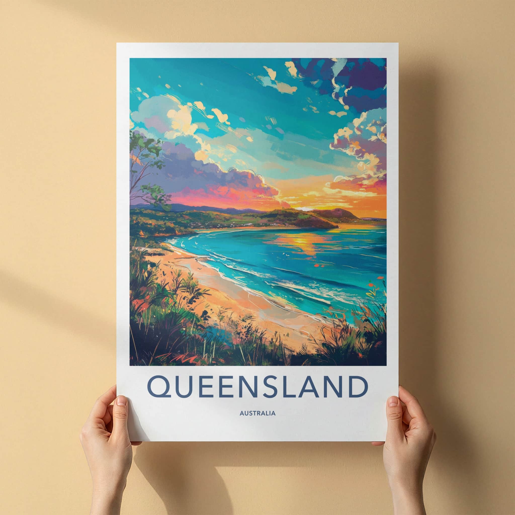 Queensland Poster - Australia Travel Art - Vibrant Beach Sunset Home Decor