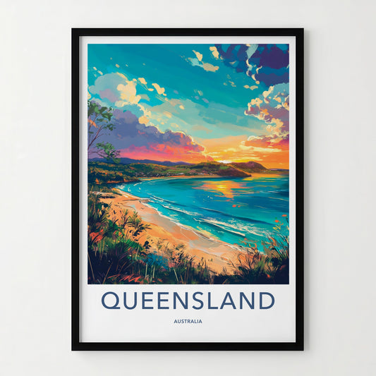Queensland Poster - Australia Travel Art - Vibrant Beach Sunset Home Decor