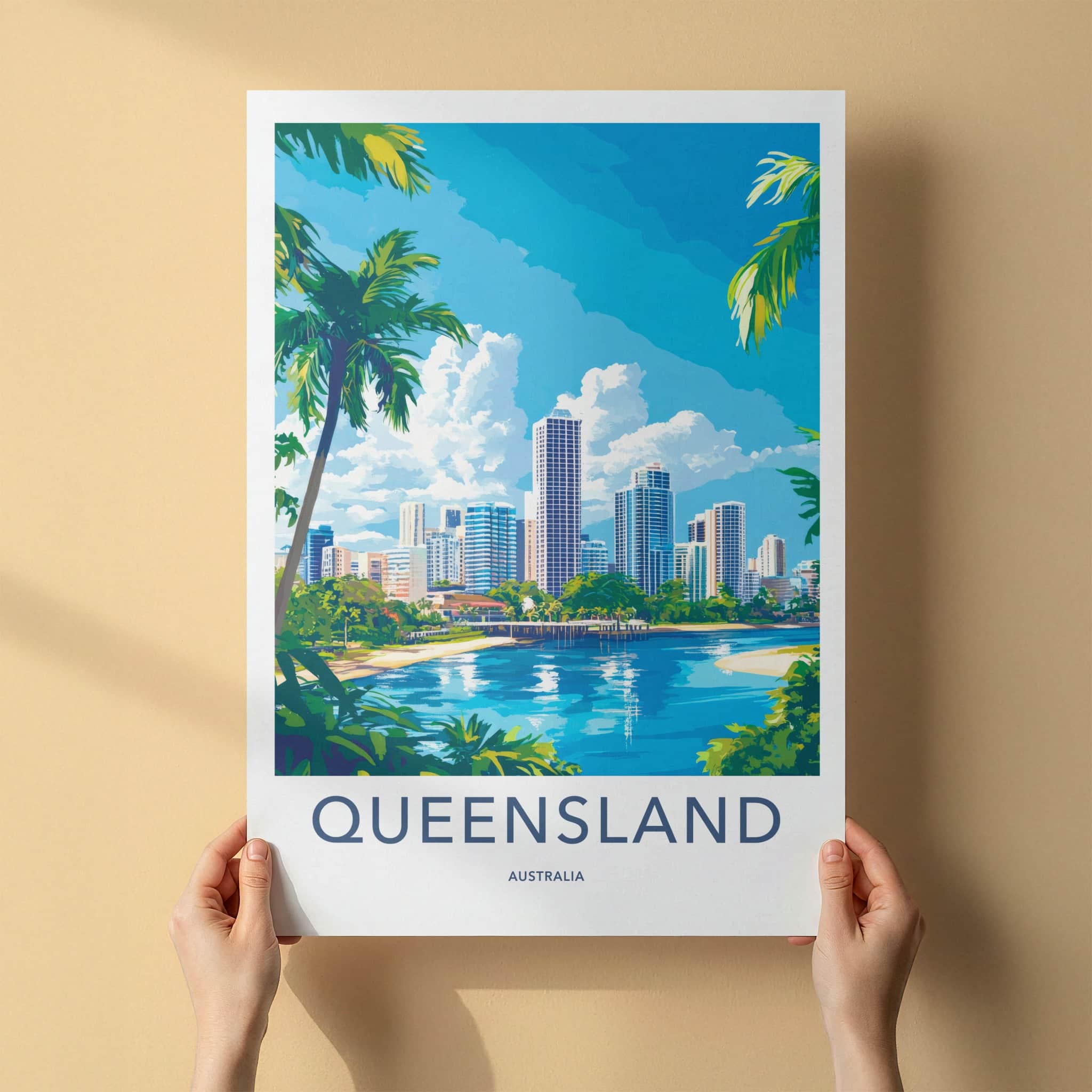 Queensland Poster - Australia Travel Art - Waterfront City Skyline Wall Decor