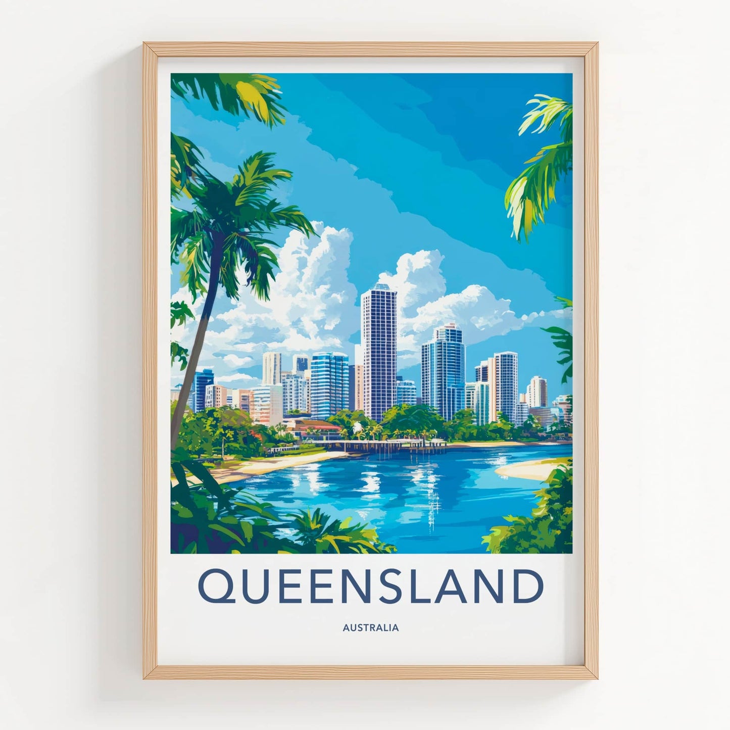 Queensland Poster - Australia Travel Art - Waterfront City Skyline Wall Decor