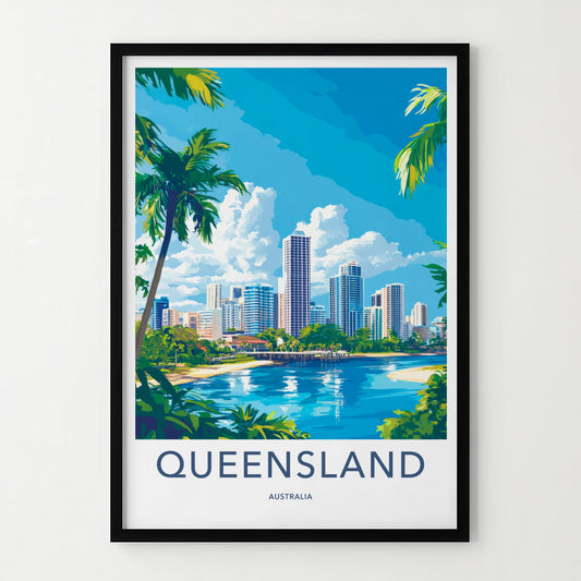 Queensland Poster - Australia Travel Art - Waterfront City Skyline Wall Decor
