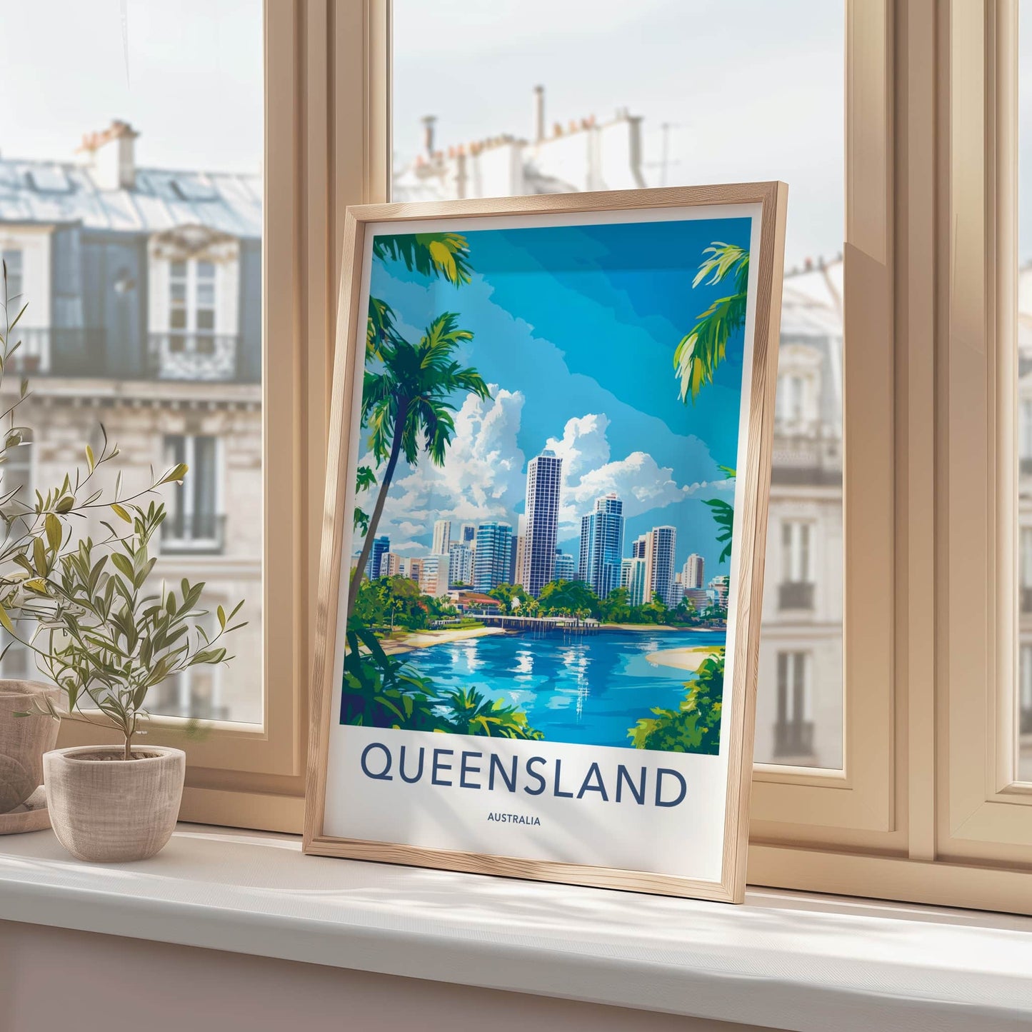 Queensland Poster - Australia Travel Art - Waterfront City Skyline Wall Decor