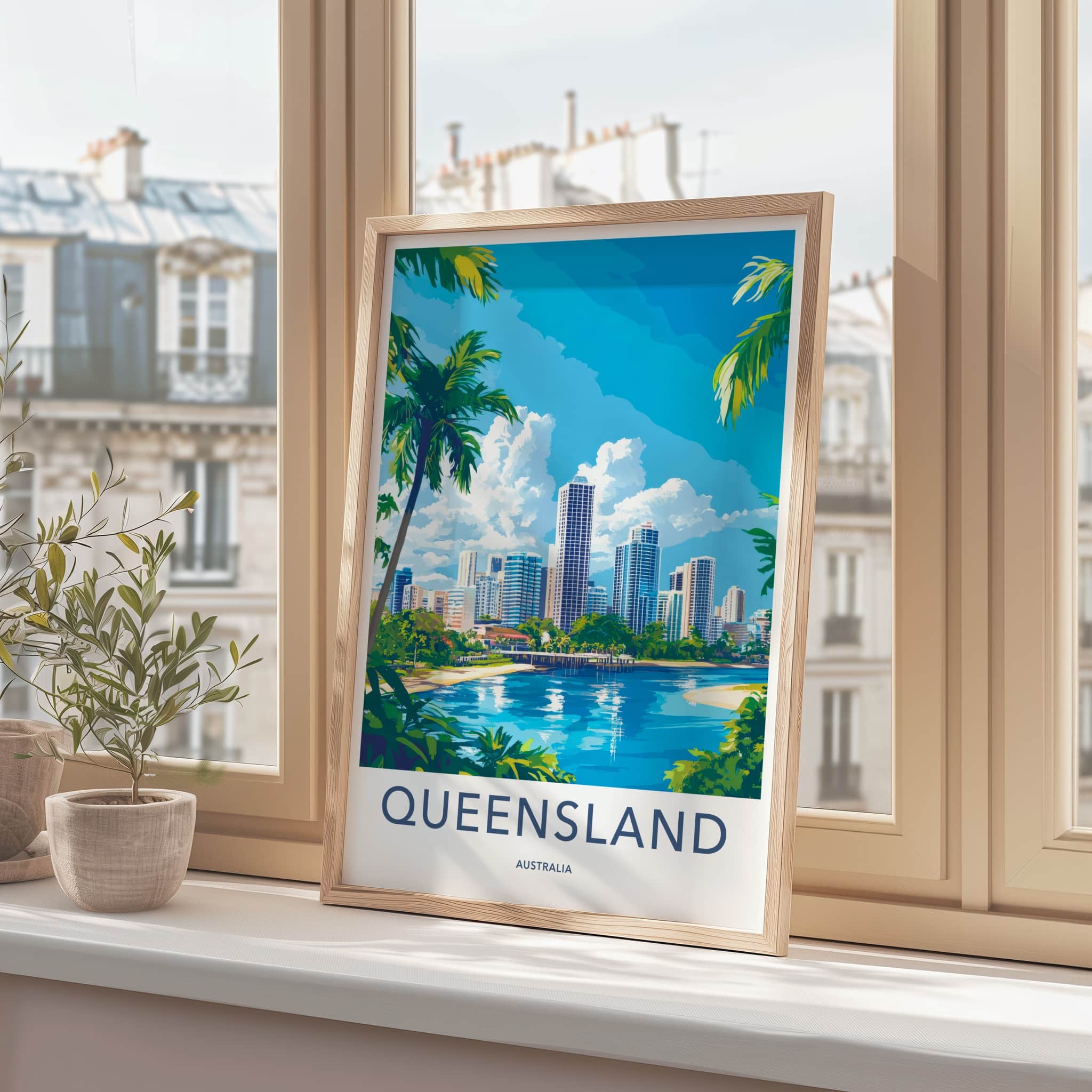 Queensland Poster - Australia Travel Art - Waterfront City Skyline Wall Decor